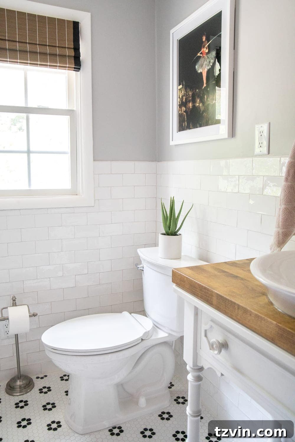 Monochrome Bathroom Makeover for Timeless Style 10 black and white bathroom tile with kids art