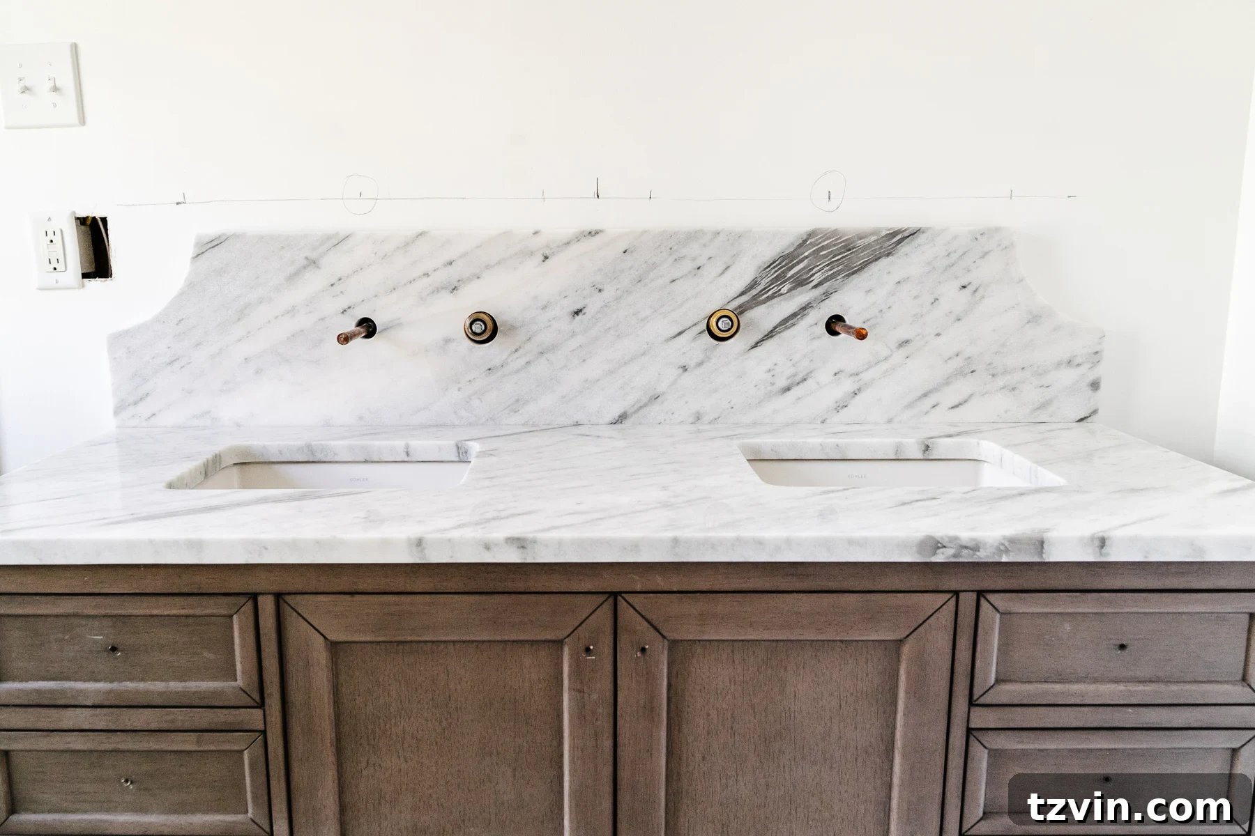 Bathroom Reno: Marble Scallop Splashback 2 Marble countertop and scalloped backsplash