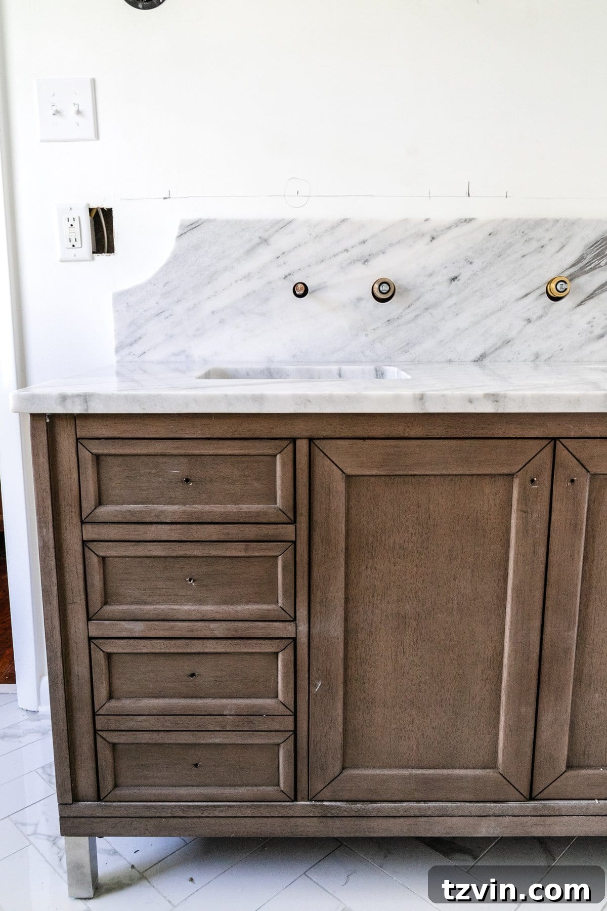 Bathroom Reno: Marble Scallop Splashback 5 Wood bathroom vanity