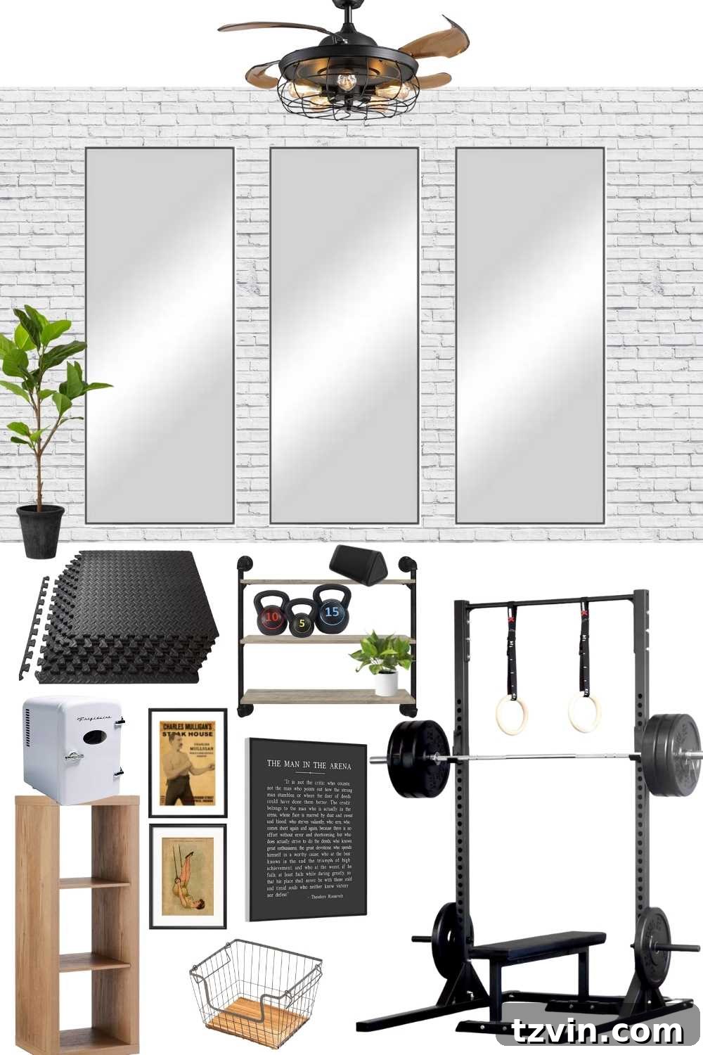 Home Gym Design and Workout Shed Progress 5 Home gym design mood board featuring industrial and modern elements