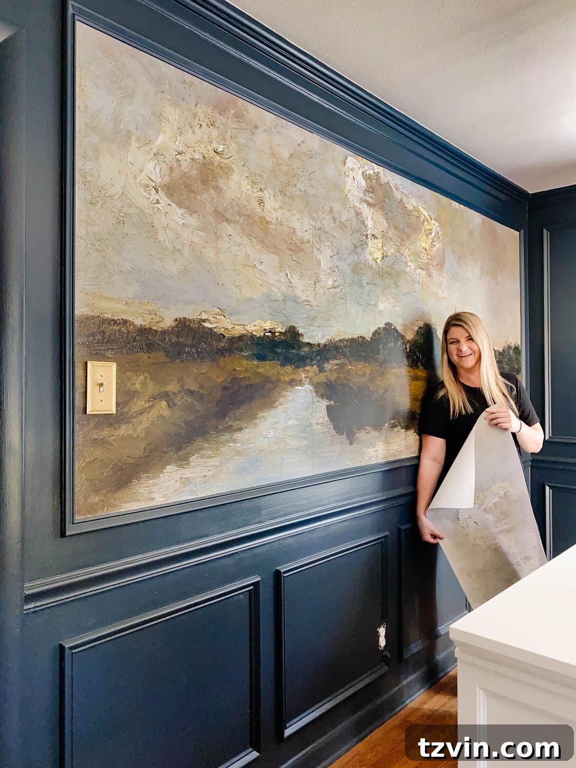 Dining Room's Artistic Canvas: Vintage Mural Wallpaper 2 antique style landscape painting peel and stick mural wallpaper in a moody navy dining room
