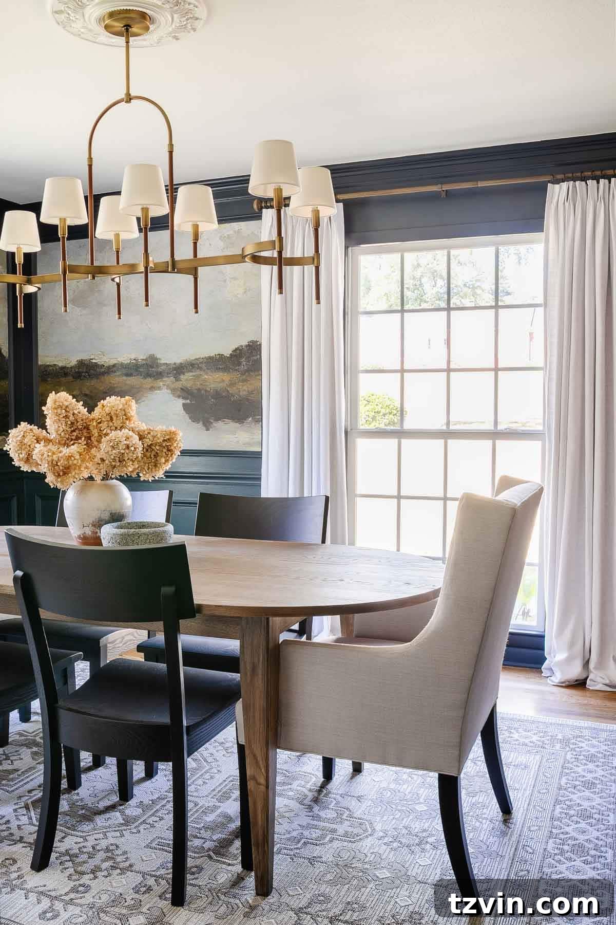 Dining Room's Artistic Canvas: Vintage Mural Wallpaper 11 navy blue dining room with scenic peel and stick mural wallpaper, reflecting a cohesive design