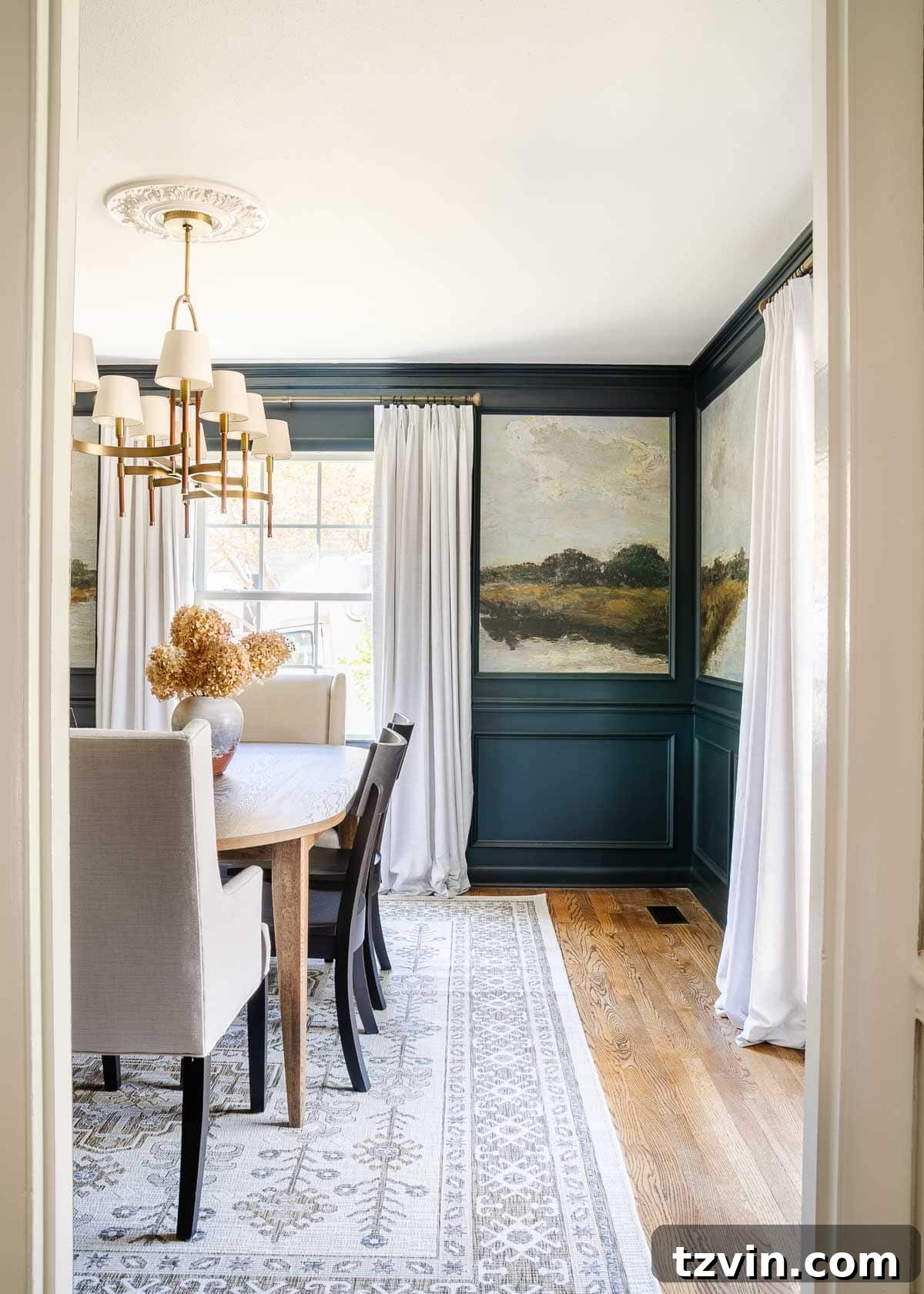Dining Room's Artistic Canvas: Vintage Mural Wallpaper 14 modern traditional dining room with navy blue paint, scenic murals, and elegant shaded chandelier