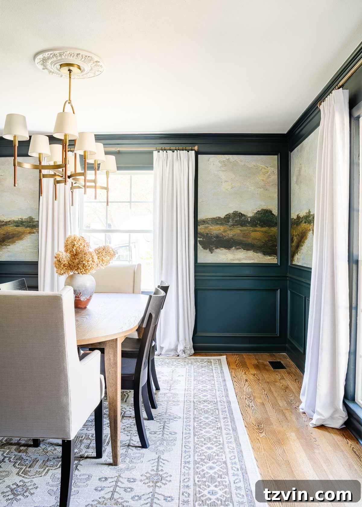 Dining Room's Artistic Canvas: Vintage Mural Wallpaper 6 entryway view into navy blue dining room with antique painting peel and stick mural wallpaper