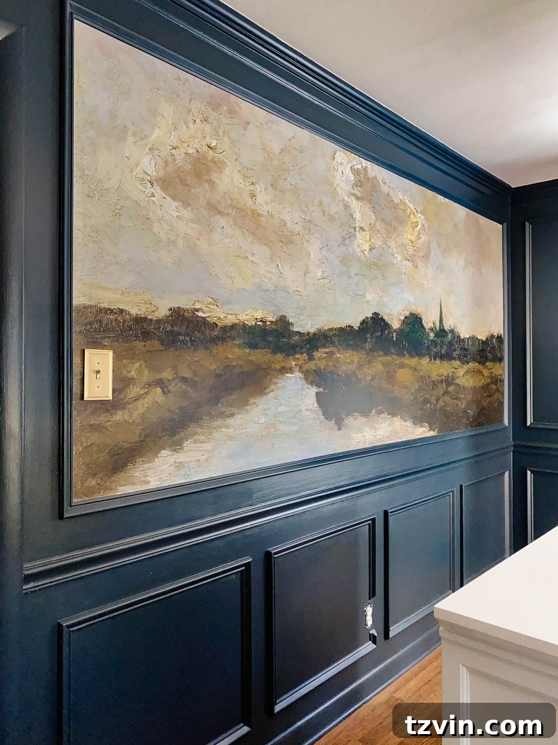 Dining Room's Artistic Canvas: Vintage Mural Wallpaper 8 scenic antique painting mural wallpaper with elegant picture frame molding and navy blue paint