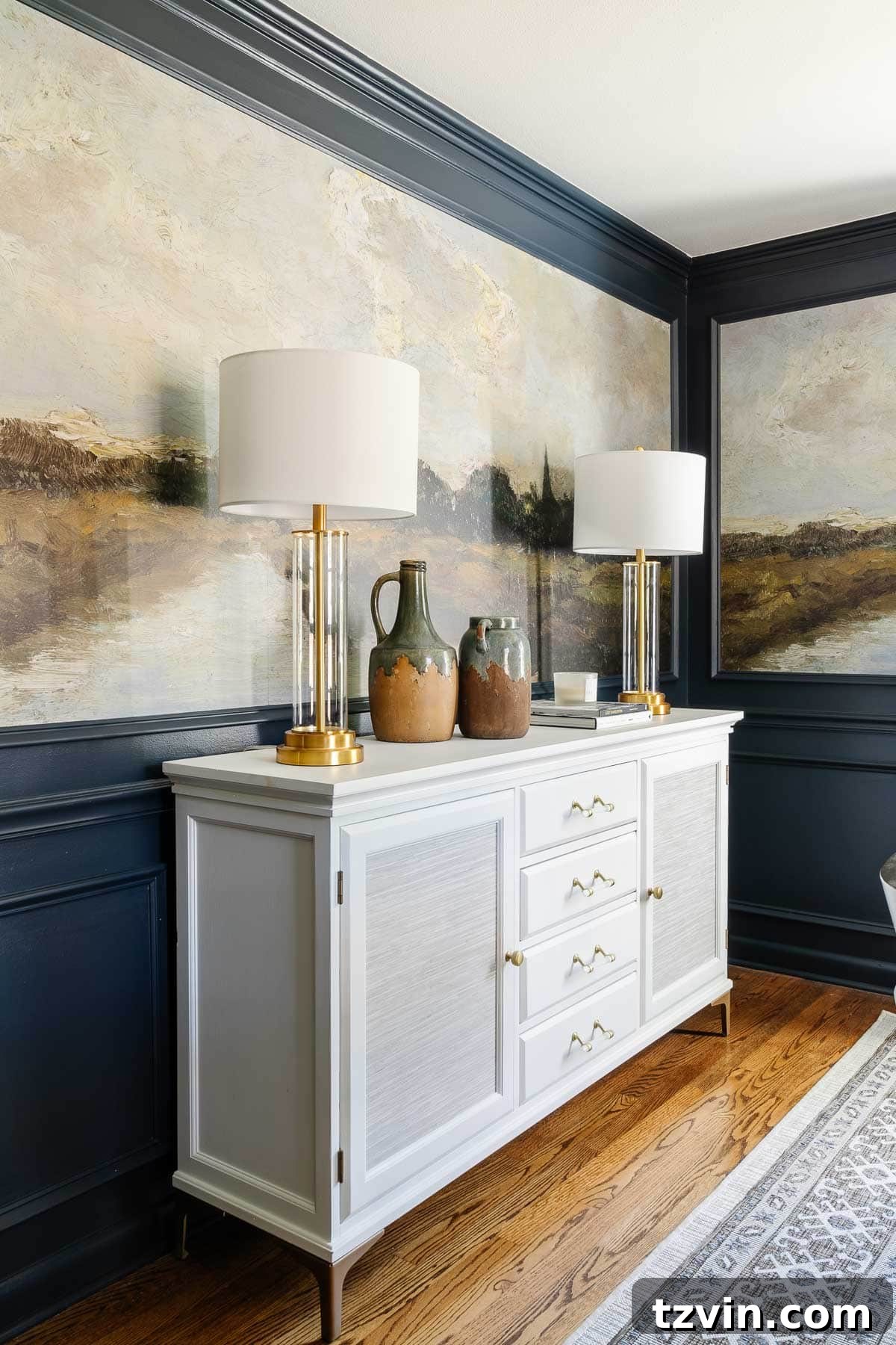 Dining Room's Artistic Canvas: Vintage Mural Wallpaper 9 white buffet table with scenic murals as the focal point