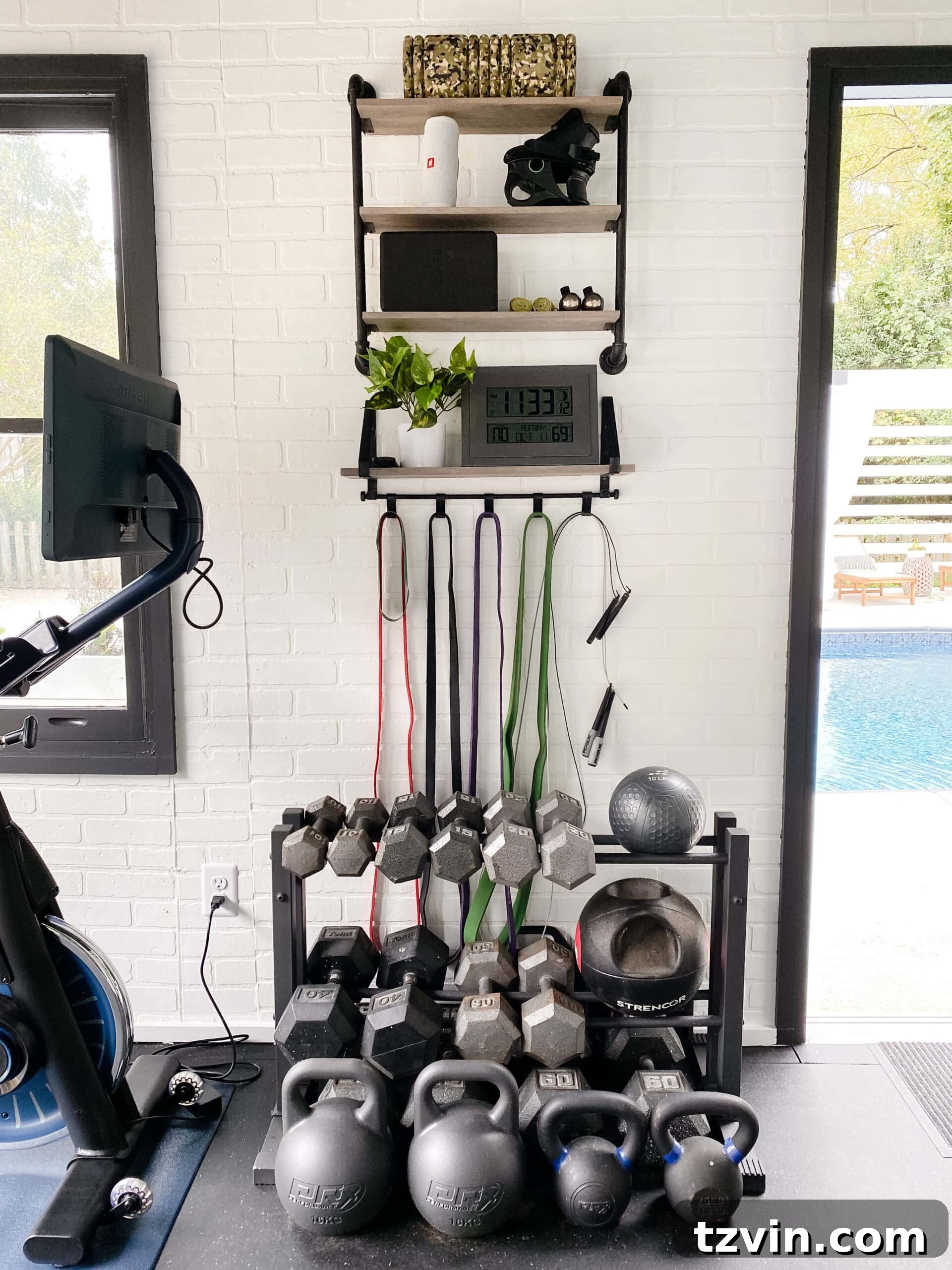 Shed Smart: Budget Home Gym Builds 6 wall shelves for storing home gym equipment