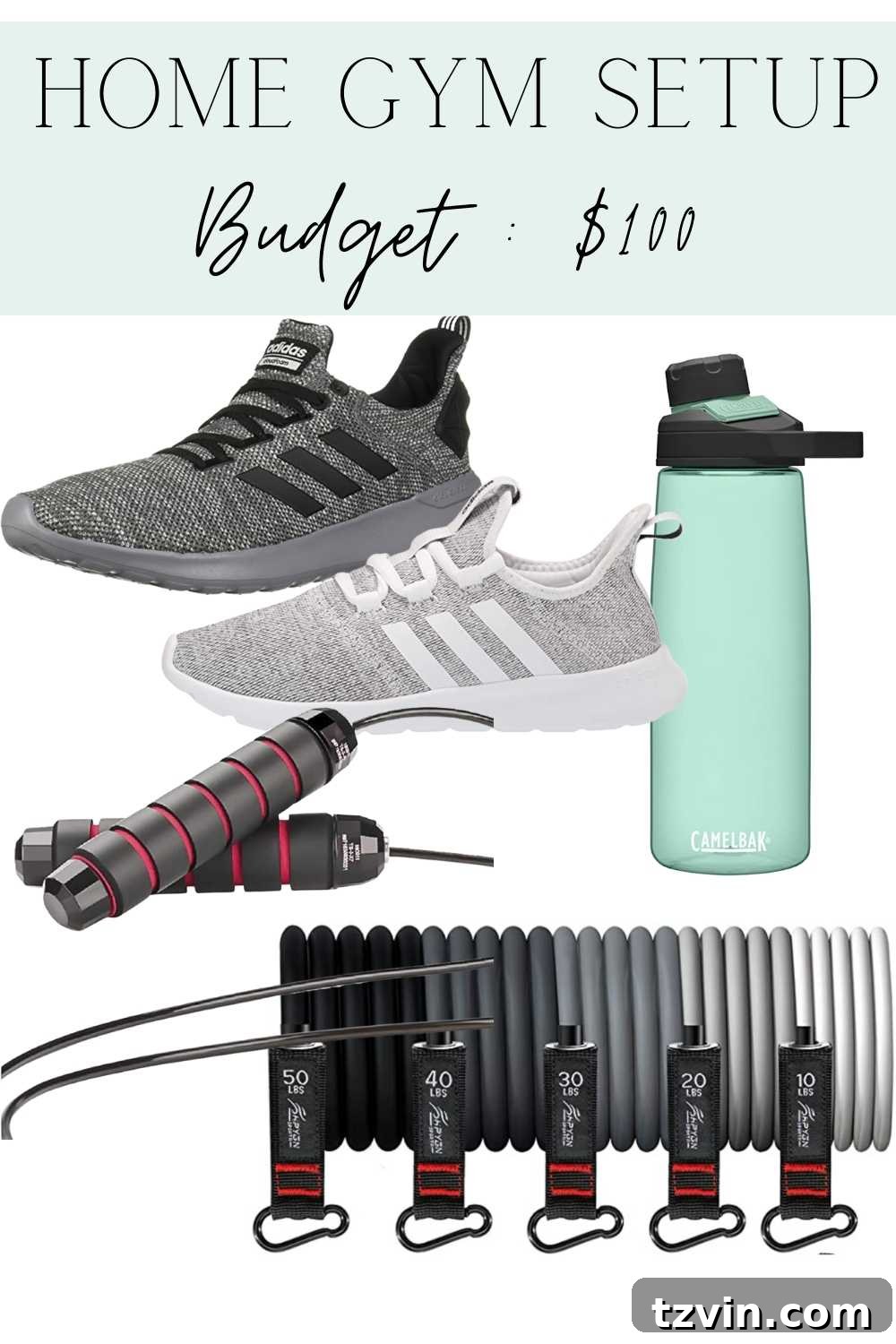 Grow Your Home Gym: A Budget-Smart, Step-by-Step Blueprint 4 home gym equipment setup for $100, showing basic items like shoes, water bottle, resistance bands, and a jump rope