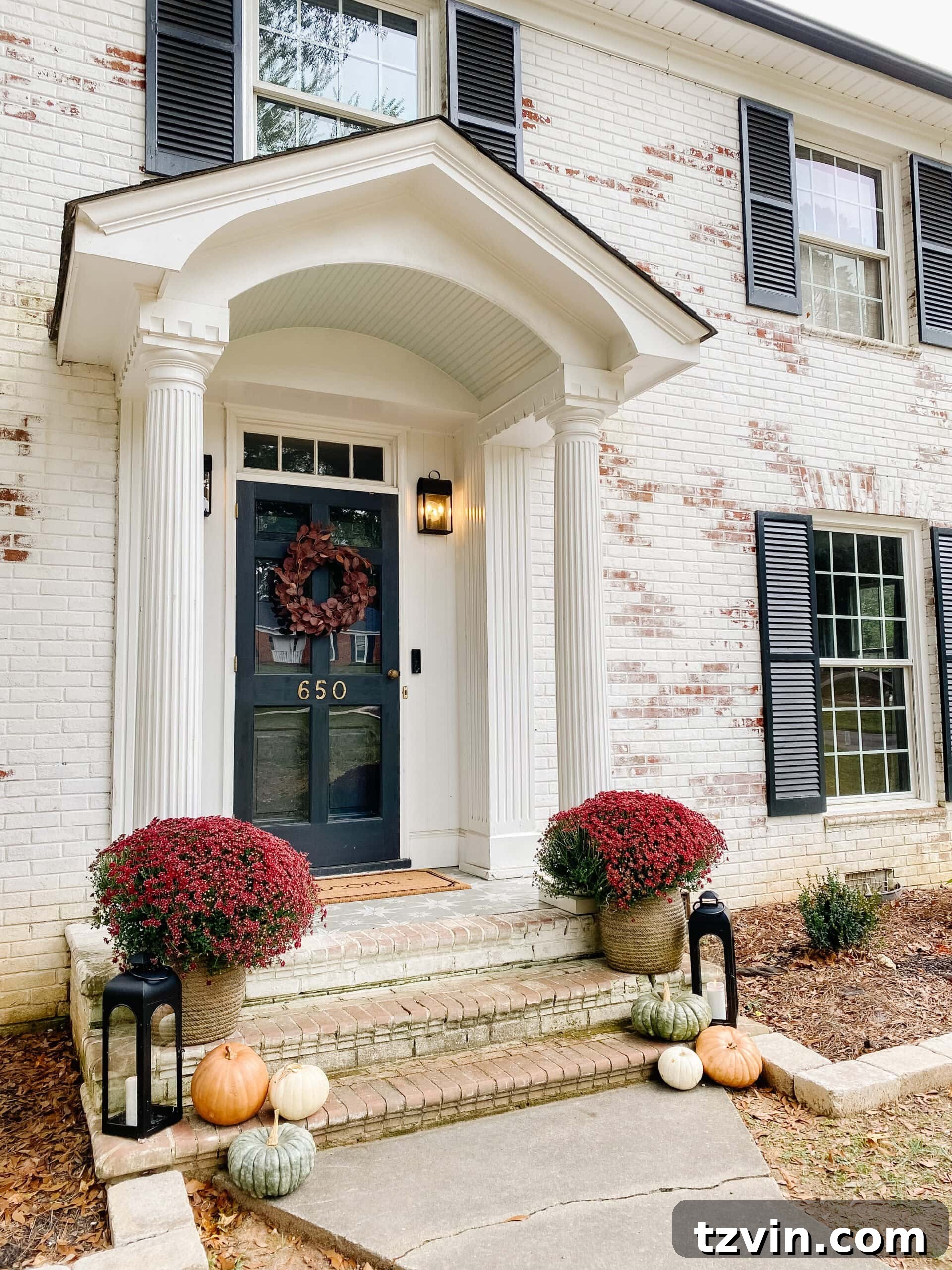 Stop Pumpkins from Rotting The 60 Second Solution 7 preserved pumpkins on a front porch decorated for fall