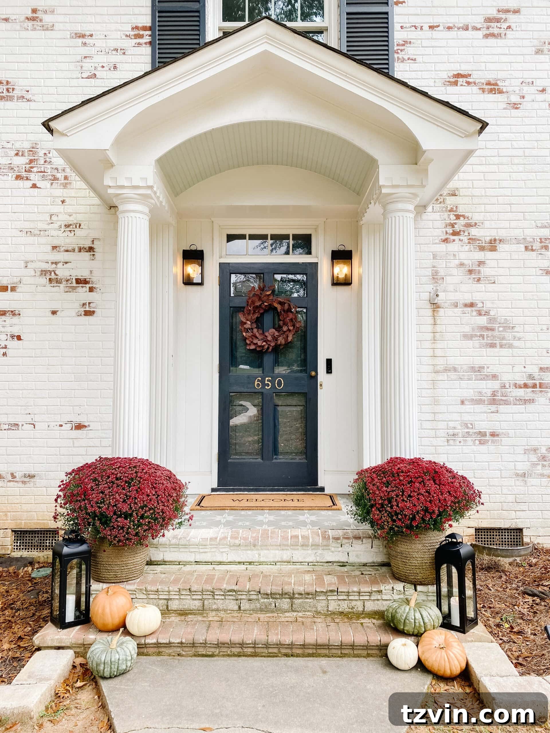 Stop Pumpkins from Rotting The 60 Second Solution 8 fall front porch with preserved pumpkins, lanterns, and mums