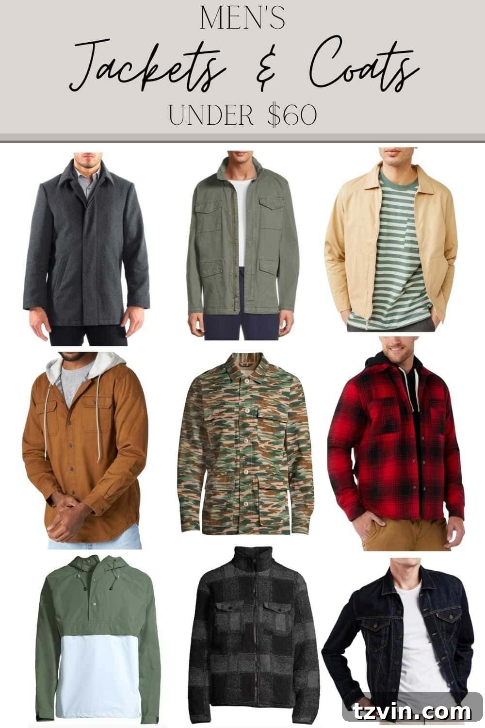 Affordable Autumn Style: Family Jackets & Coats Under $60 4 Selection of affordable men's fall jackets and coats from Walmart, all under $60.