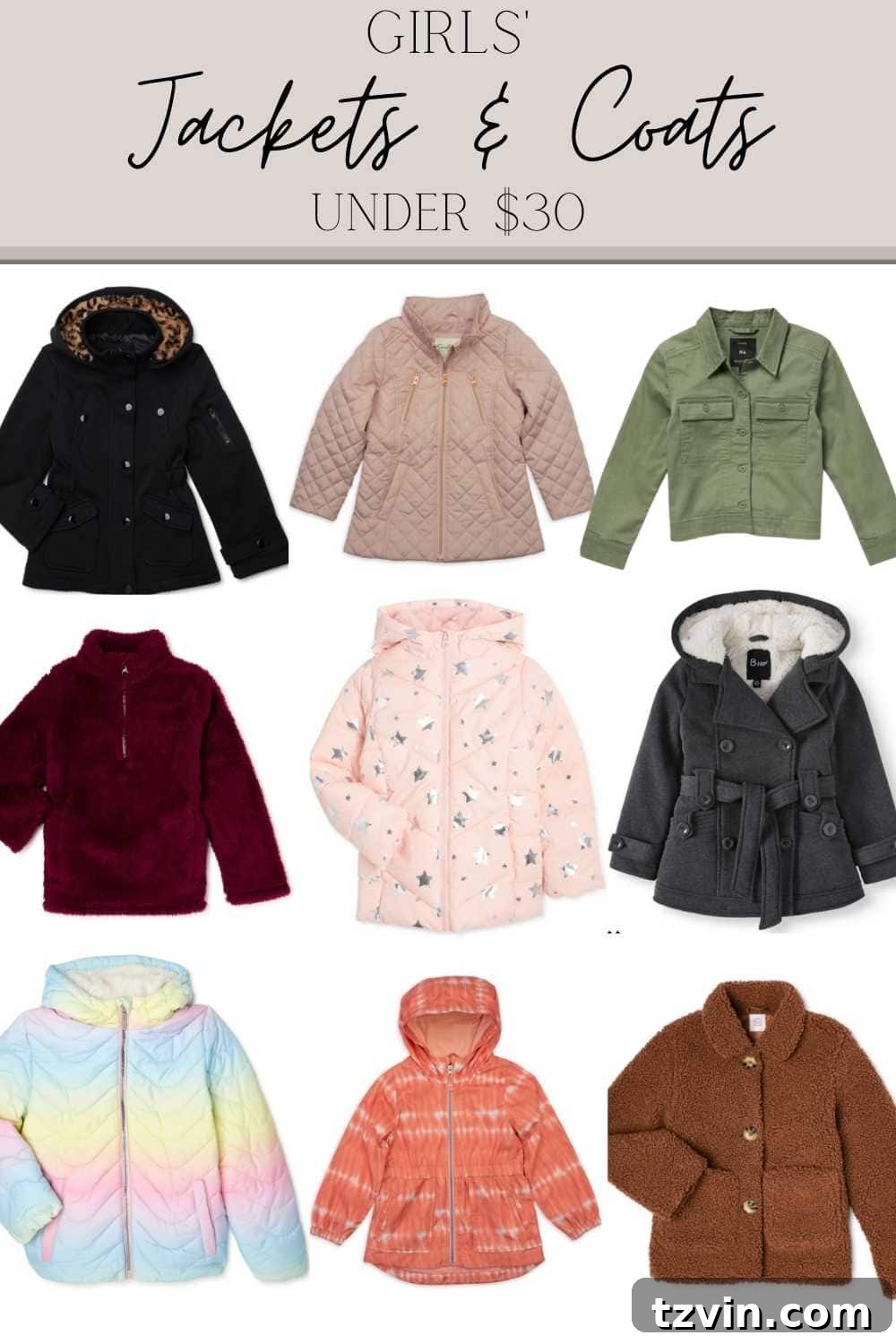 Affordable Autumn Style: Family Jackets & Coats Under $60 5 Assortment of girls' fall jackets and coats from Walmart, all priced under $30.