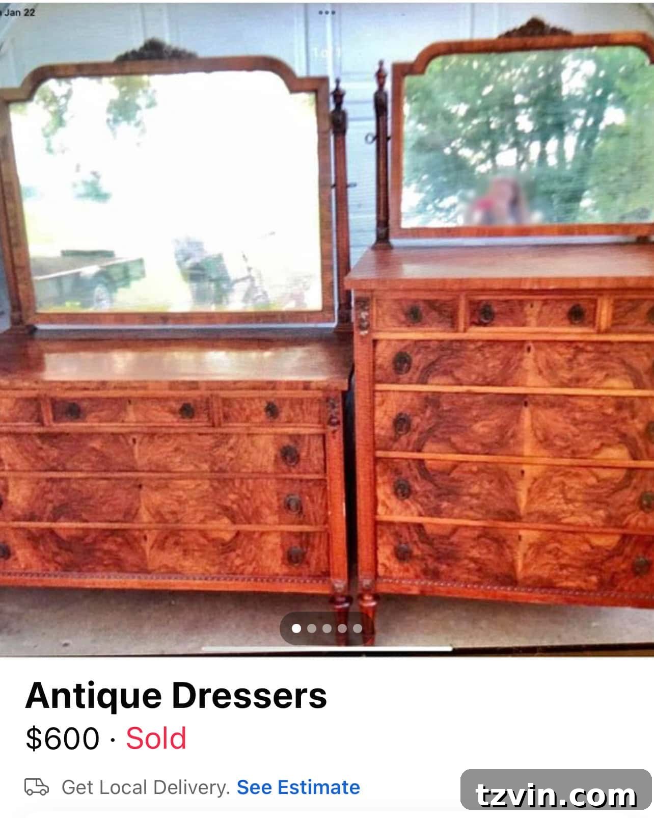 Elegant burl dressers listed for sale on Facebook Marketplace, showcasing unique furniture finds