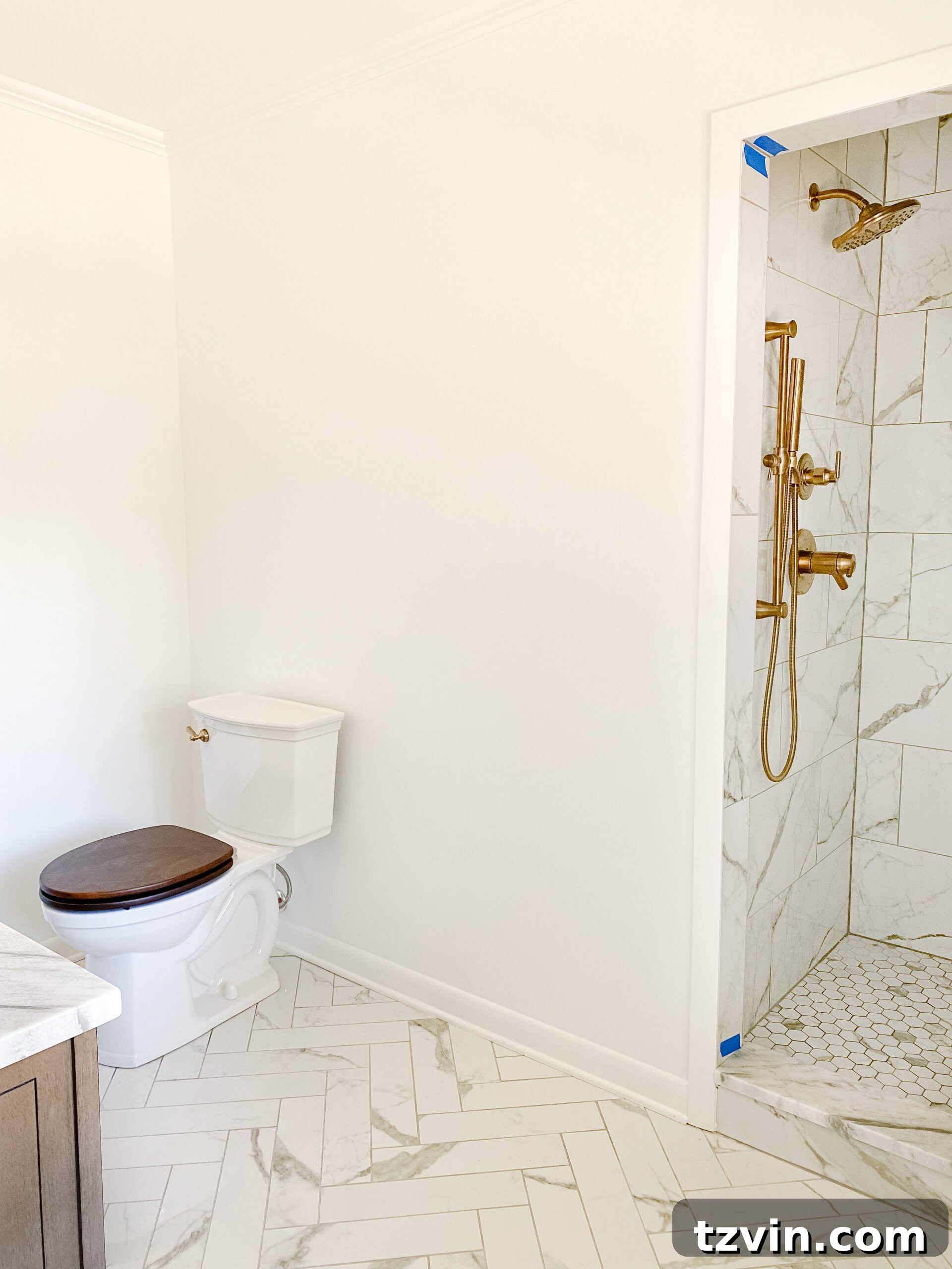 En Suite Bathroom Renovation: Faucets Are Finally Here! 5 A classic modern bathroom toilet area, showcasing a self-cleaning toilet with a wooden seat.