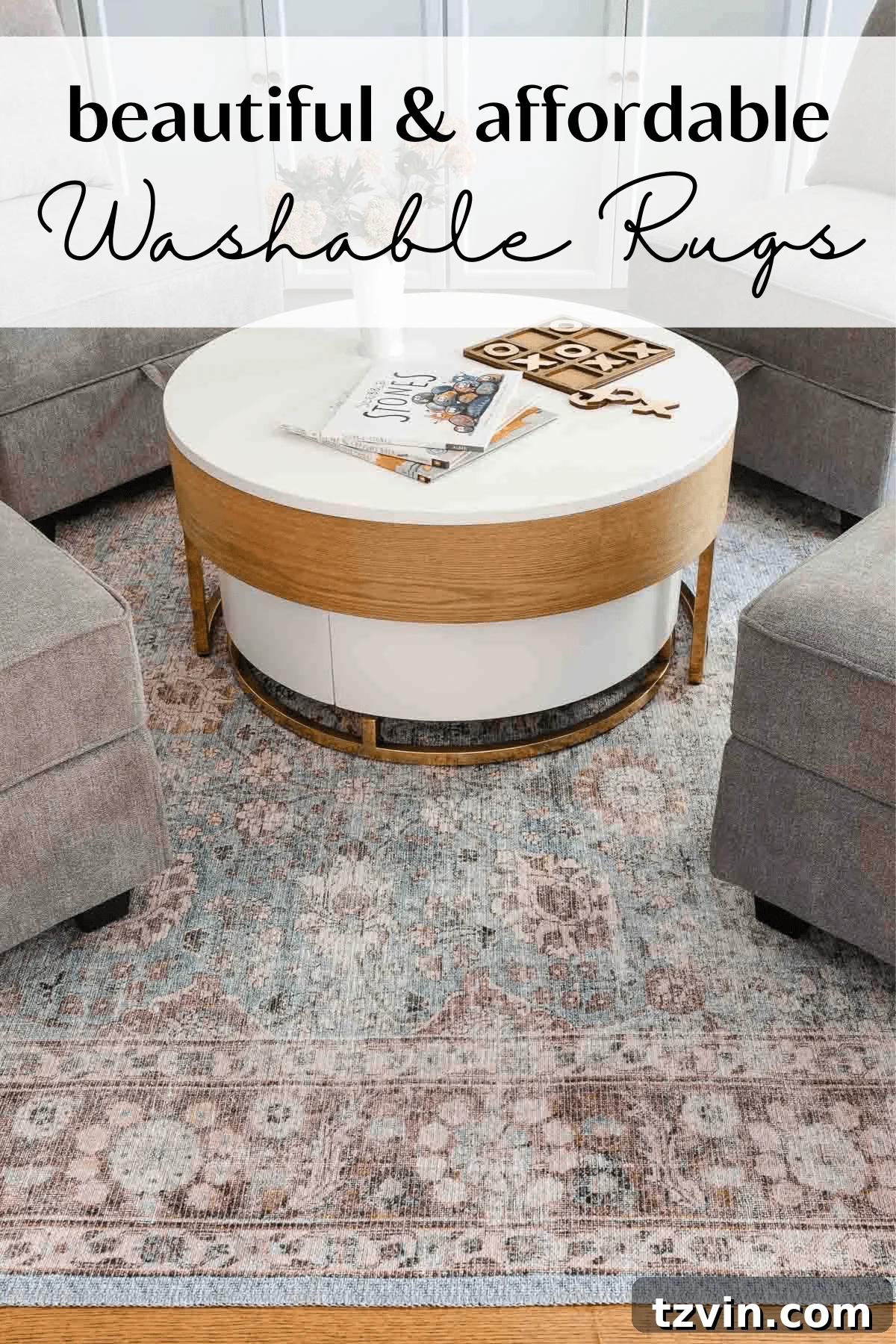 Spill-Proof Chic: 20 Must-Have Machine-Washable Rugs 2 A beautifully decorated room featuring a round, elegant washable area rug, perfect for a modern, pet-friendly home.