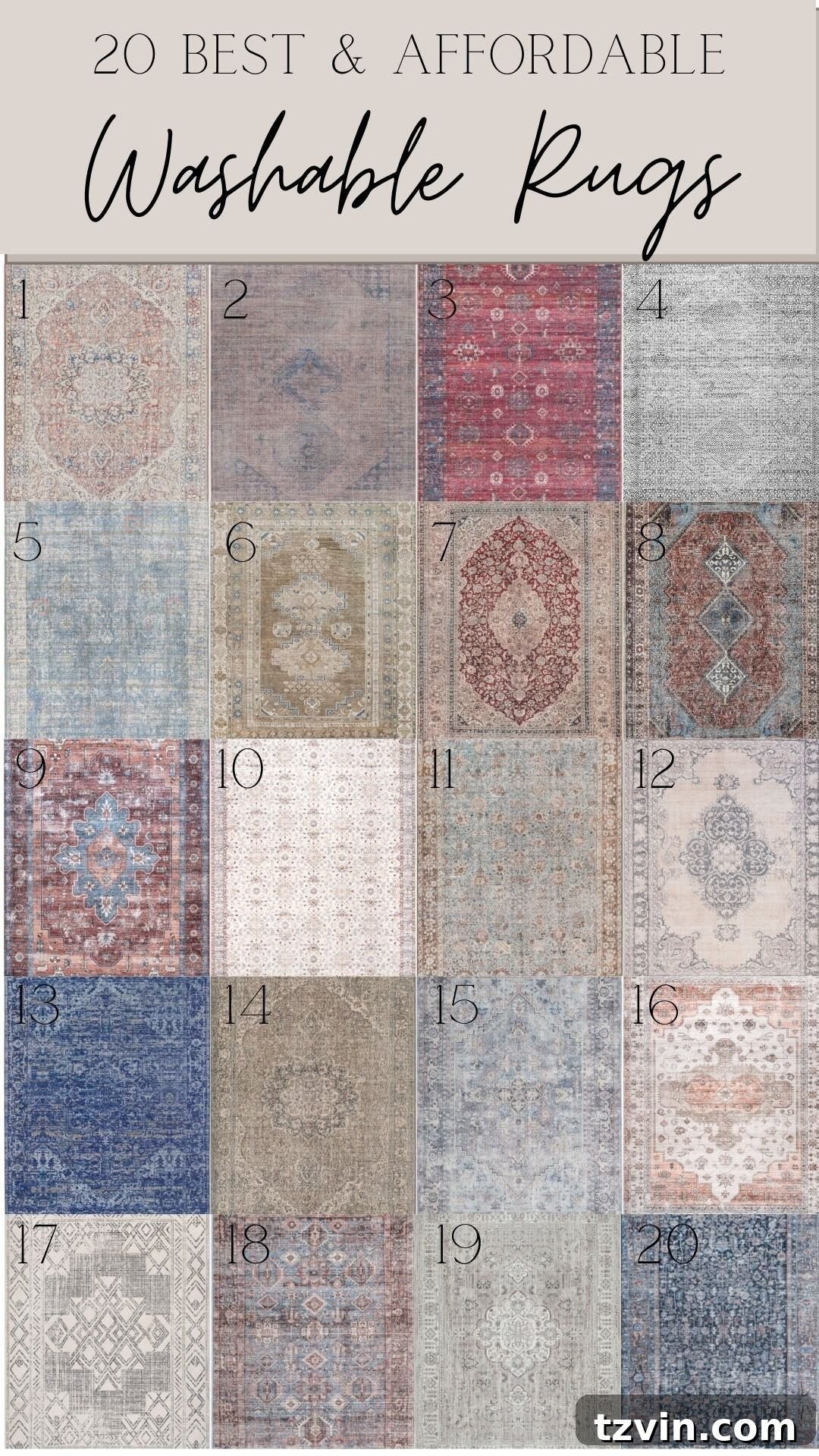 Spill-Proof Chic: 20 Must-Have Machine-Washable Rugs 11 A curated round-up image showcasing 20 affordable and stylish washable rugs, featuring a wide variety of designs, patterns, and colors for diverse home decor styles.