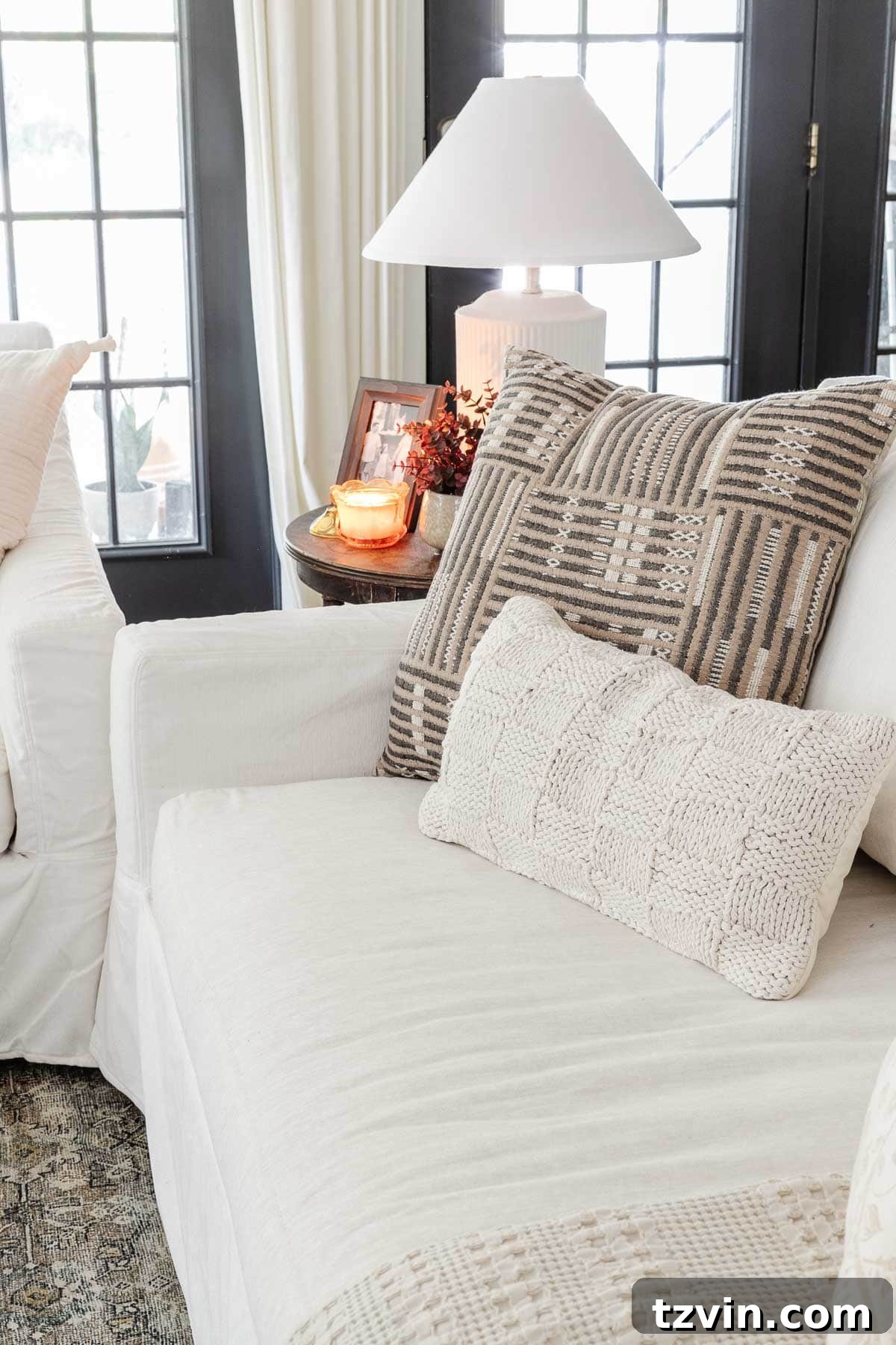 fall pillows on a living room sofa