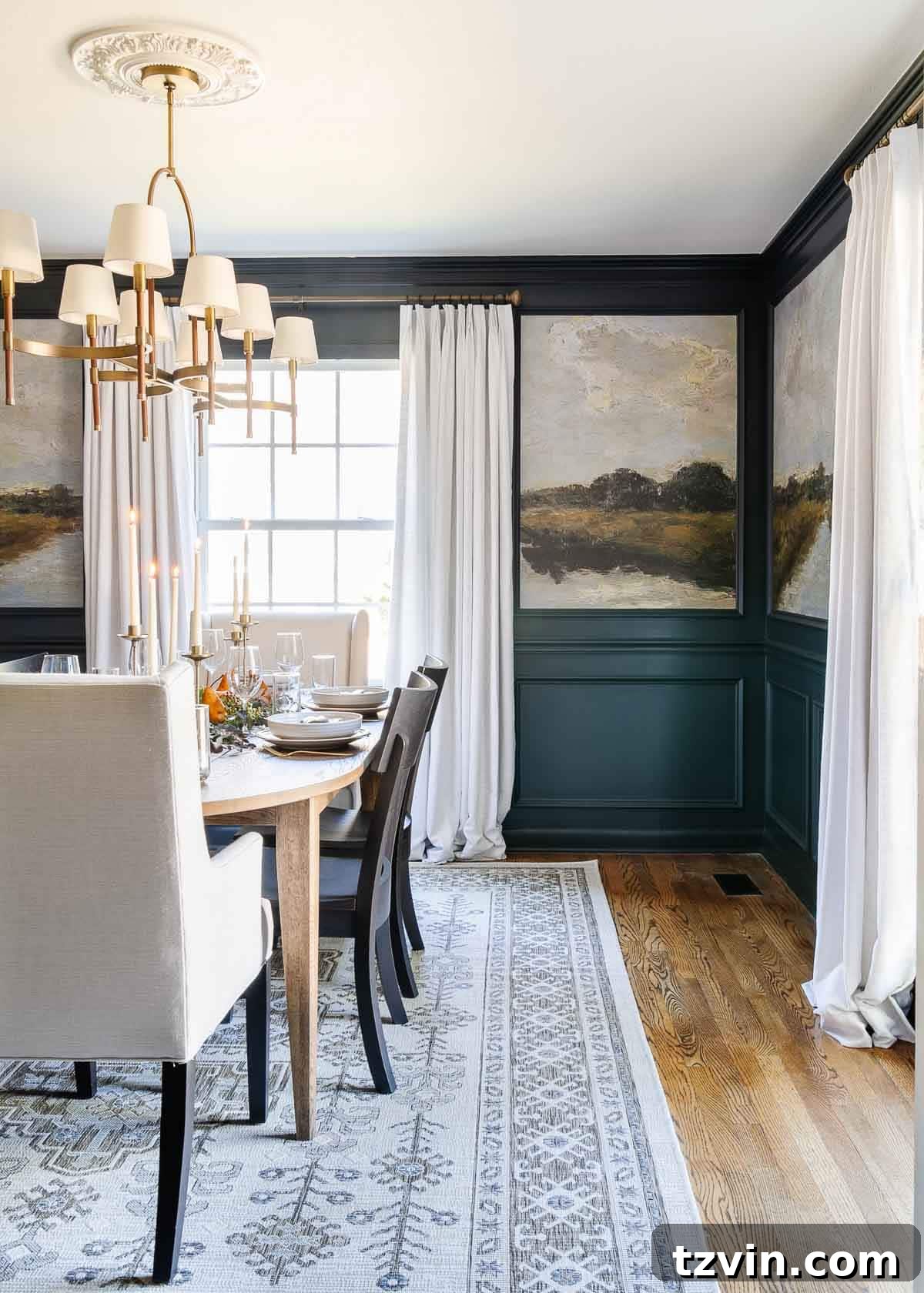 10-Minute Thanksgiving Table Makeover 12 A wide shot of the elegant dining room decorated for Thanksgiving, featuring the natural centerpiece, navy walls, and scenic murals.