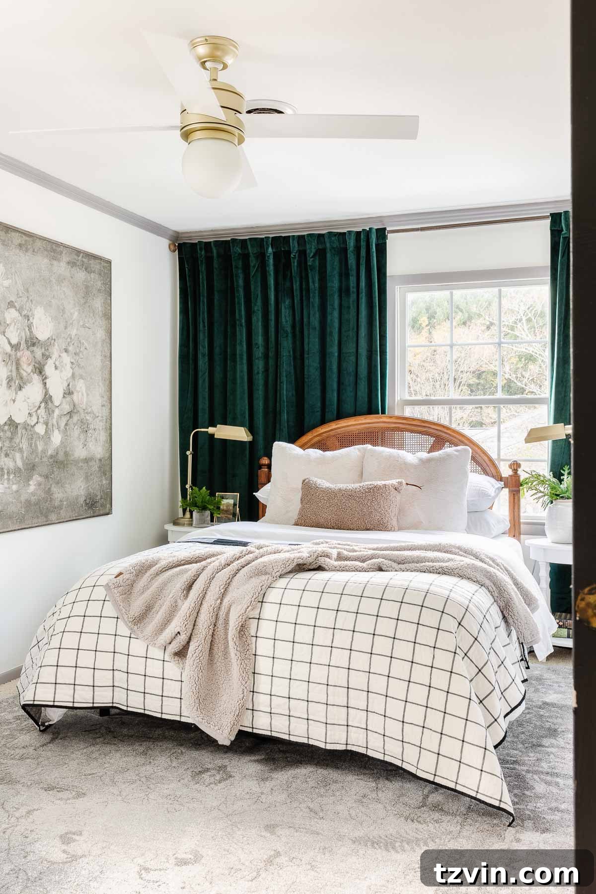 Cozy Christmas Bedding Bundles for Peaceful Slumber 2 Festive and neutral winter bedding with green curtains, creating a warm and cozy bedroom atmosphere for Christmas.