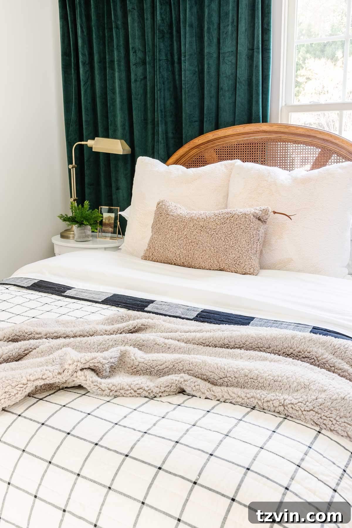 Cozy Christmas Bedding Bundles for Peaceful Slumber 11 Cozy Christmas bedding with a windowpane quilt and sherpa pillows, illustrating a comfortable and elegant neutral theme.