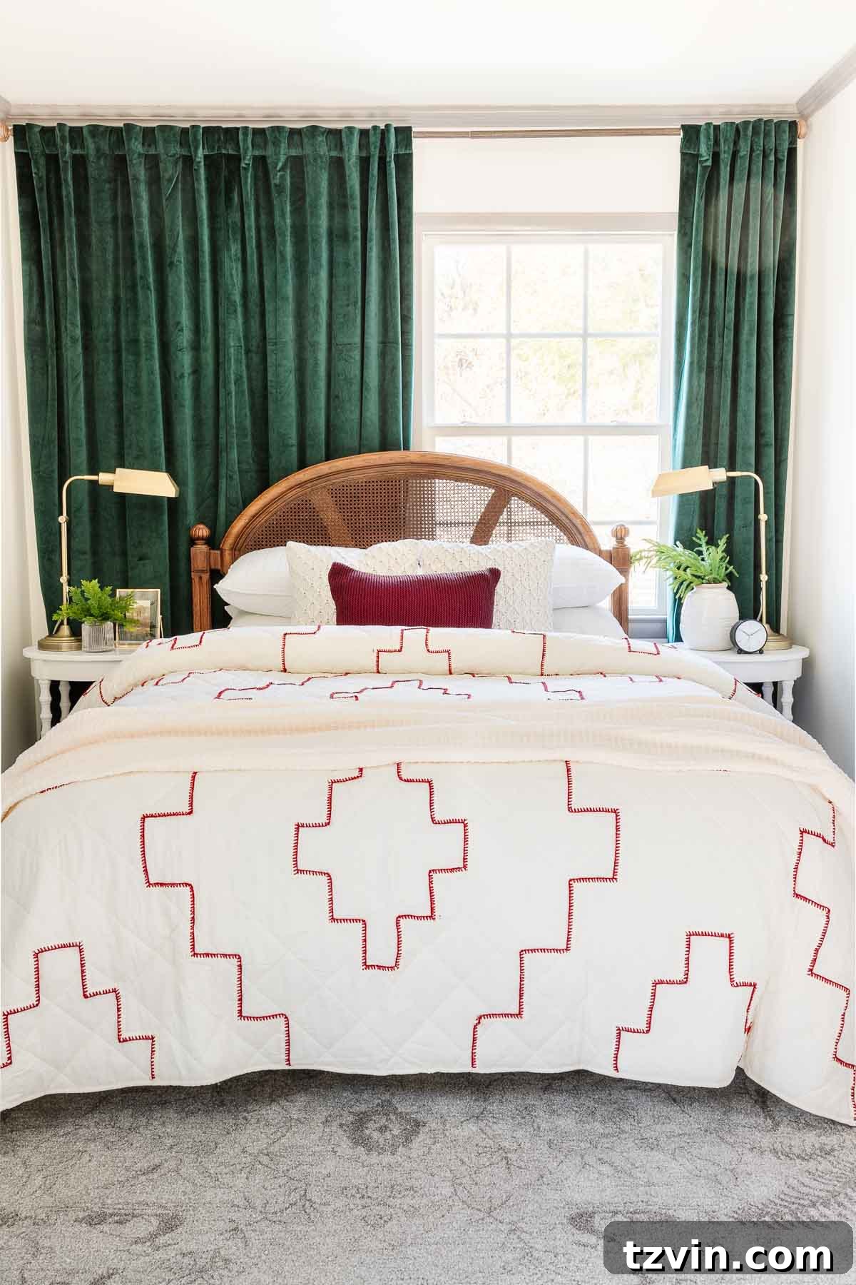 Cozy Christmas Bedding Bundles for Peaceful Slumber 6 Red and white stitched quilt with sweater knit pillows and green curtains, creating a nostalgic and festive Christmas bedroom.
