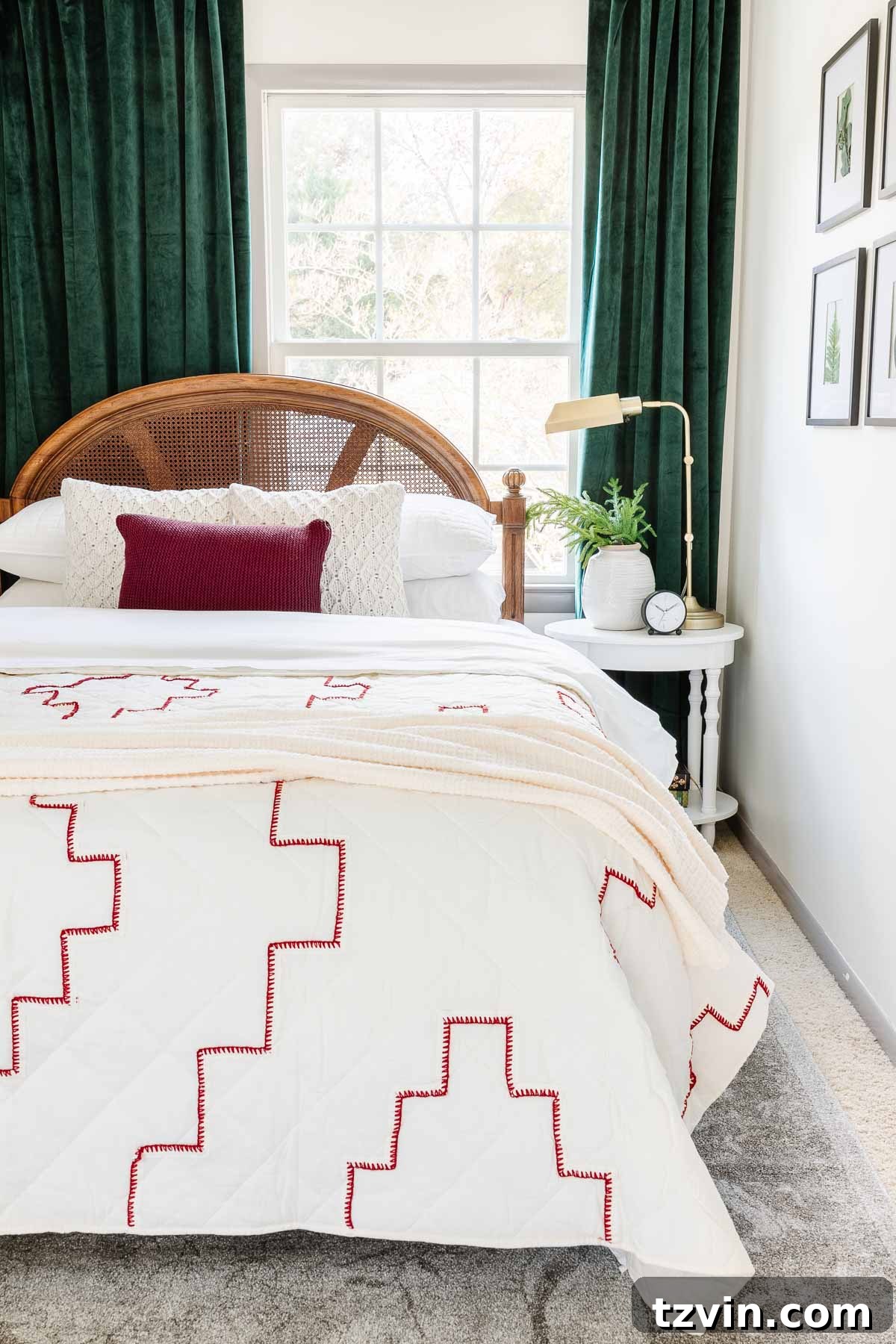 Cozy Christmas Bedding Bundles for Peaceful Slumber 7 Detailed view of a red and white stitched quilt paired with sweater knit pillows and green curtains, showcasing a cozy holiday setting.