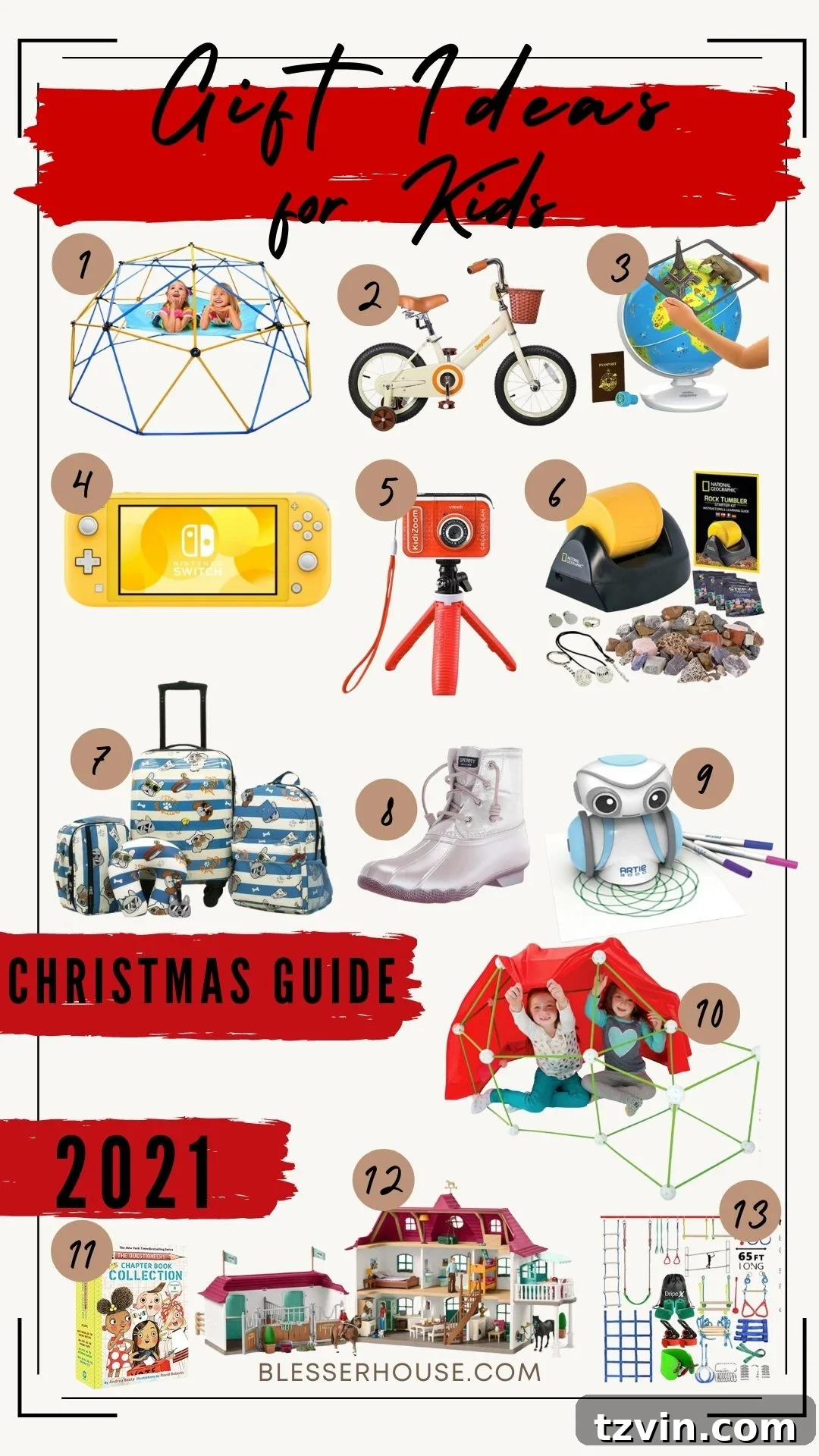 Diverse kids gift ideas for Christmas, including toys, games, and unique presents.