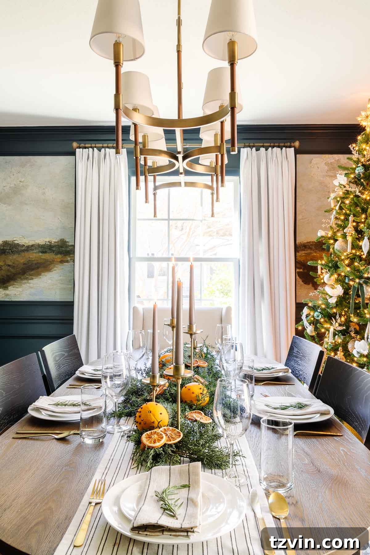 simple Christmas centerpiece with orange pomanders and cut branches