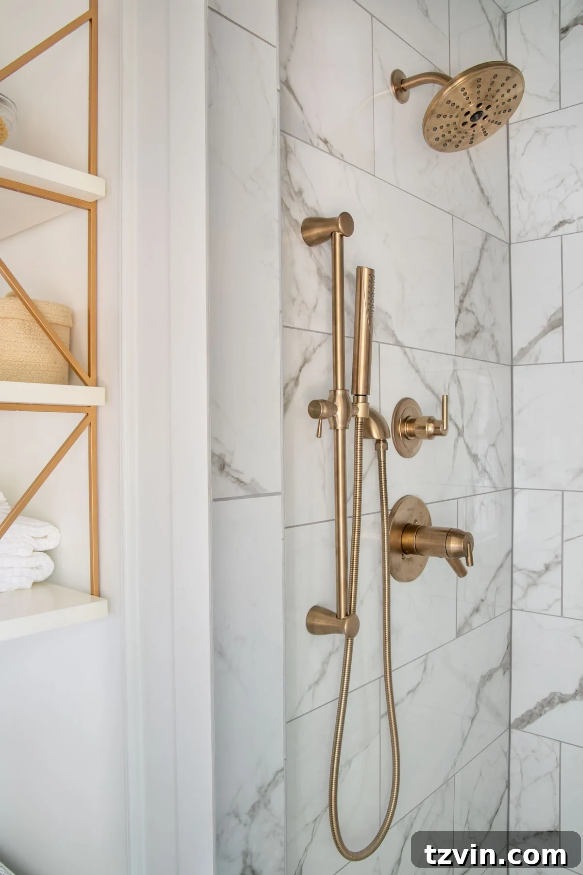 Step Inside Our Modern Vintage En Suite Bathroom Oasis 19 champagne bronze shower faucet and hand shower