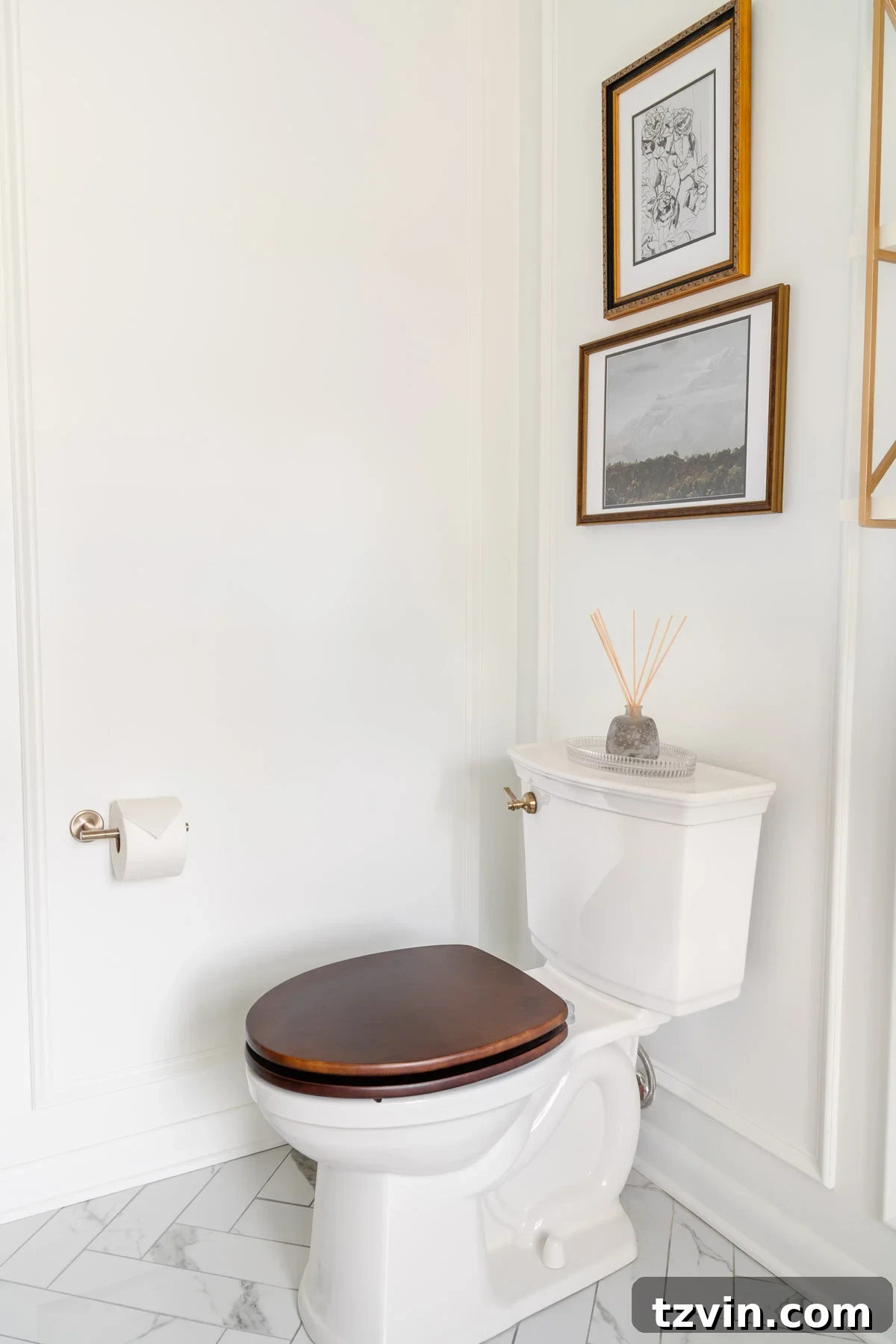 Step Inside Our Modern Vintage En Suite Bathroom Oasis 26 toilet with wood toilet seat and vintage bathroom art