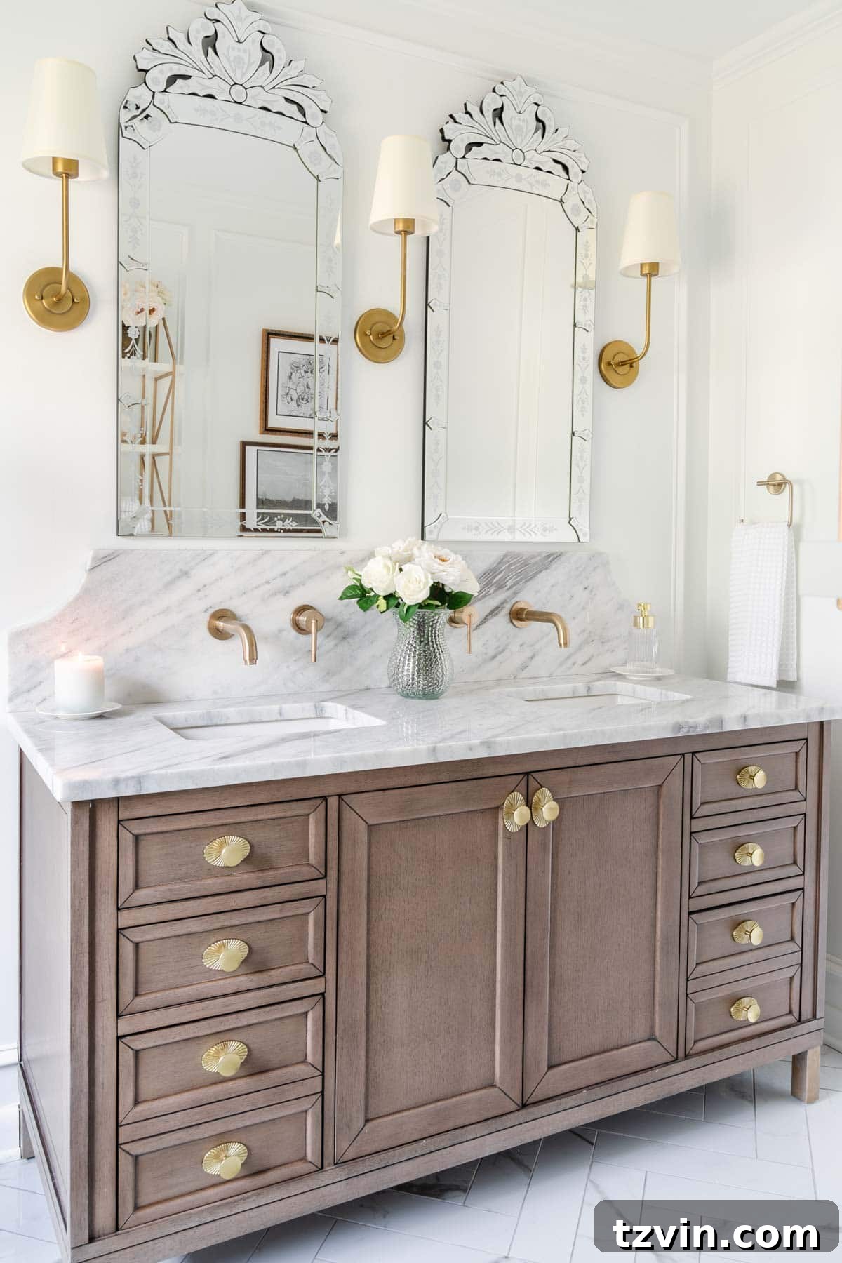 Step Inside Our Modern Vintage En Suite Bathroom Oasis 32 en suite modern vintage bathroom remodel with Venetian mirrors, marble backsplash, and herringbone tile