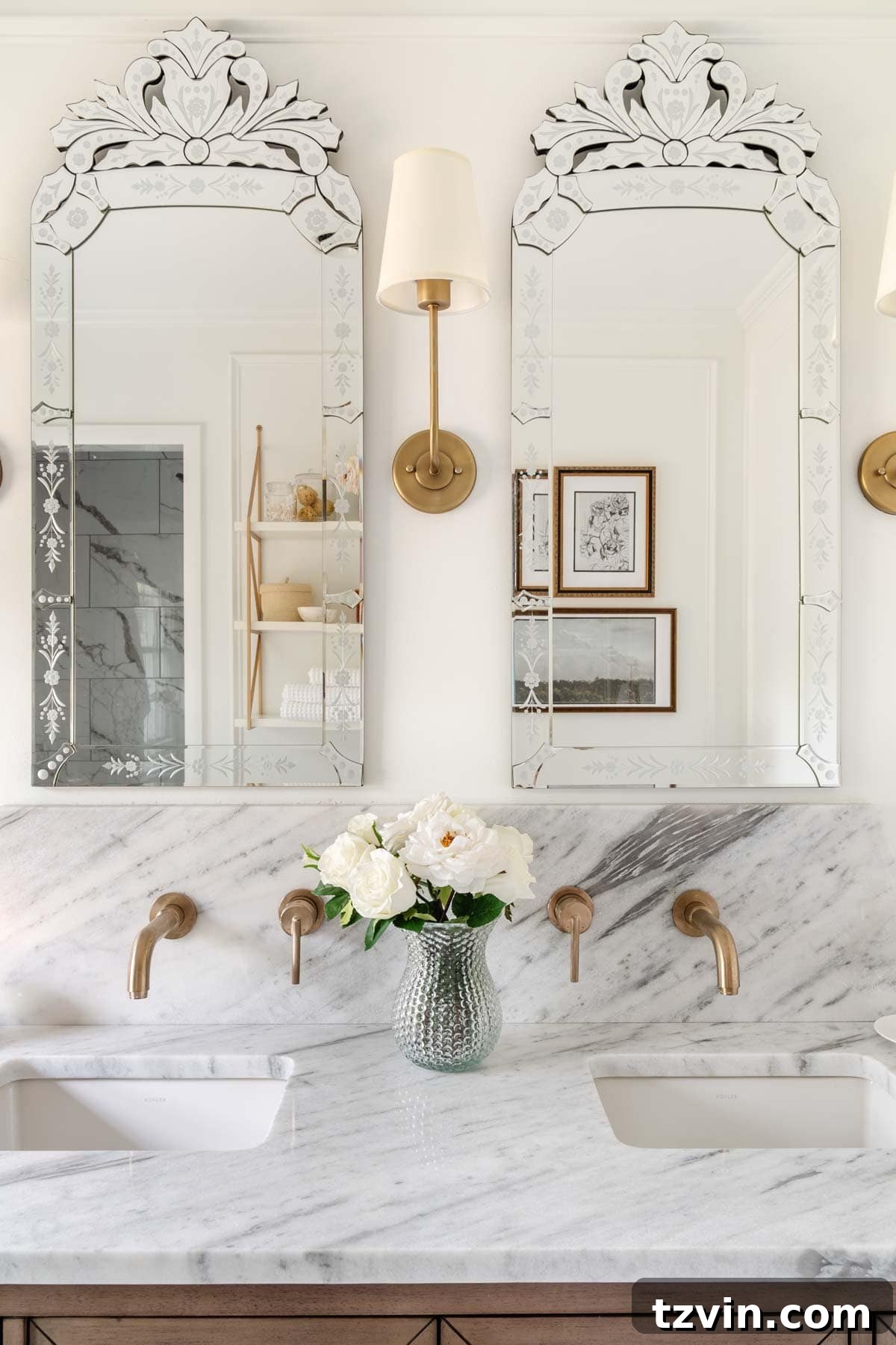 Step Inside Our Modern Vintage En Suite Bathroom Oasis 6 venetian mirrors and marble backsplash in an en suite bathroom remodel