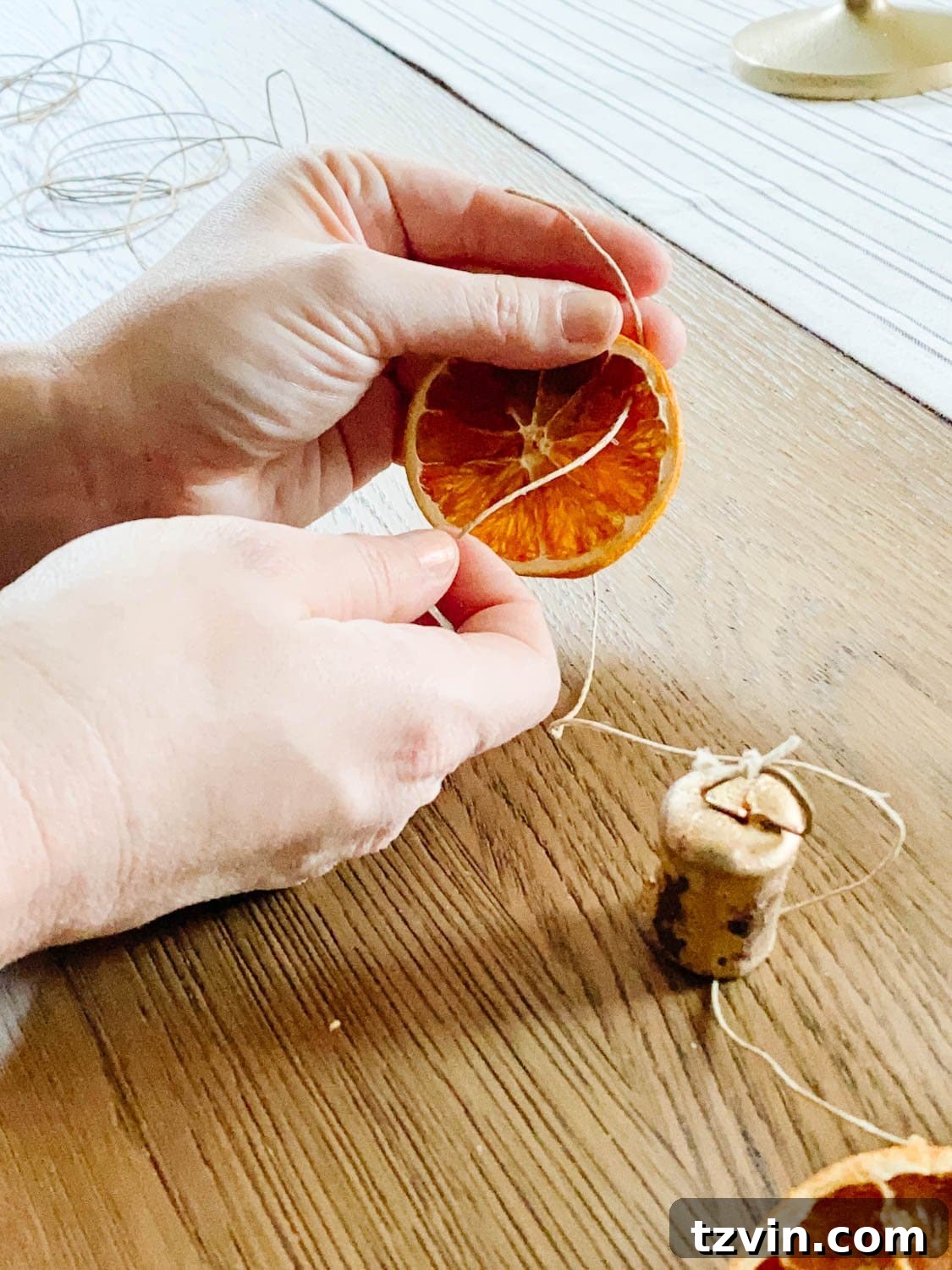 Craft Your Own Beautiful Dried Orange Garland 5 Close-up of a hand using a straightened paper clip to poke a hole through a dried orange slice, preparing it for threading.
