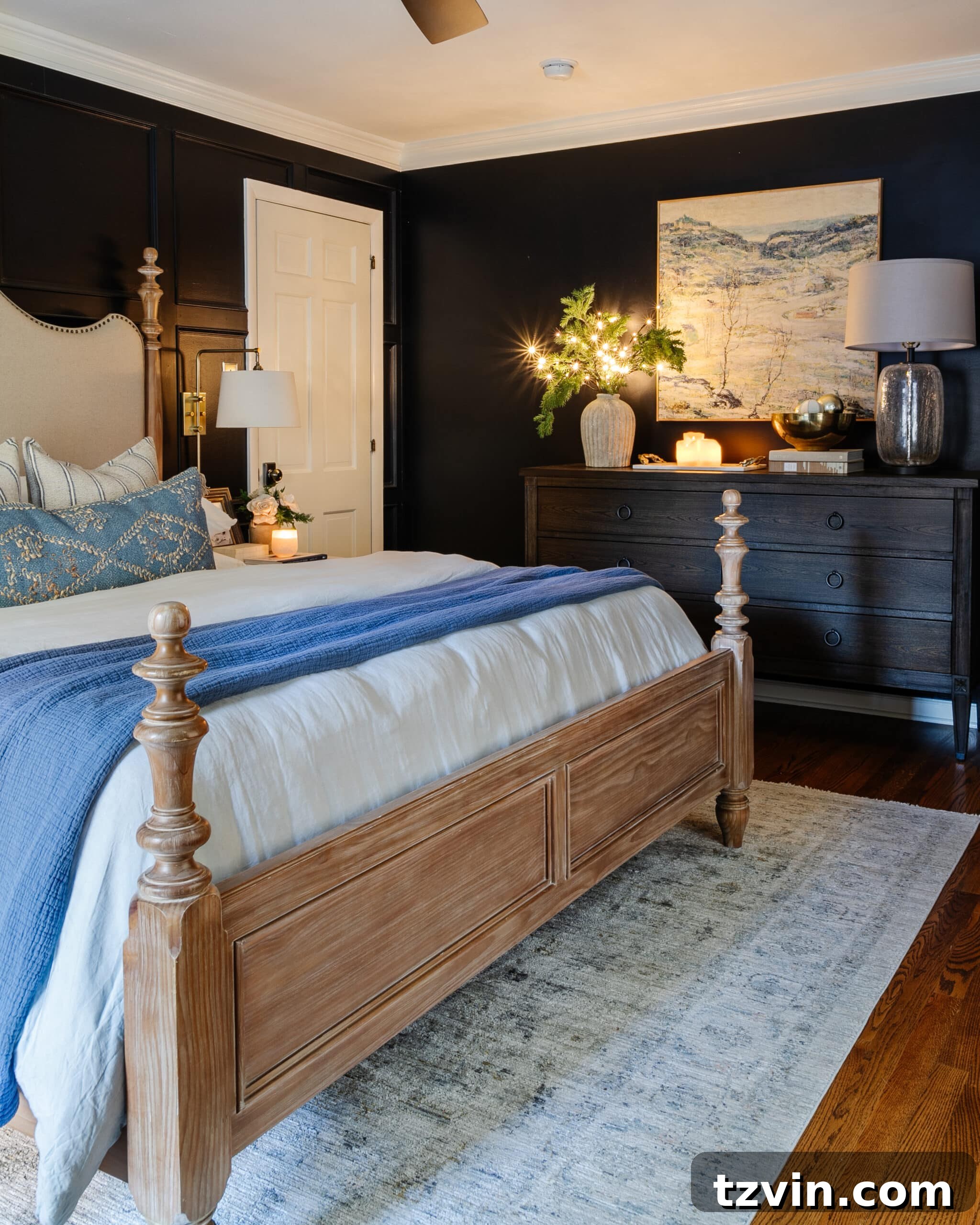 winter bedroom decor with white and blue bedding