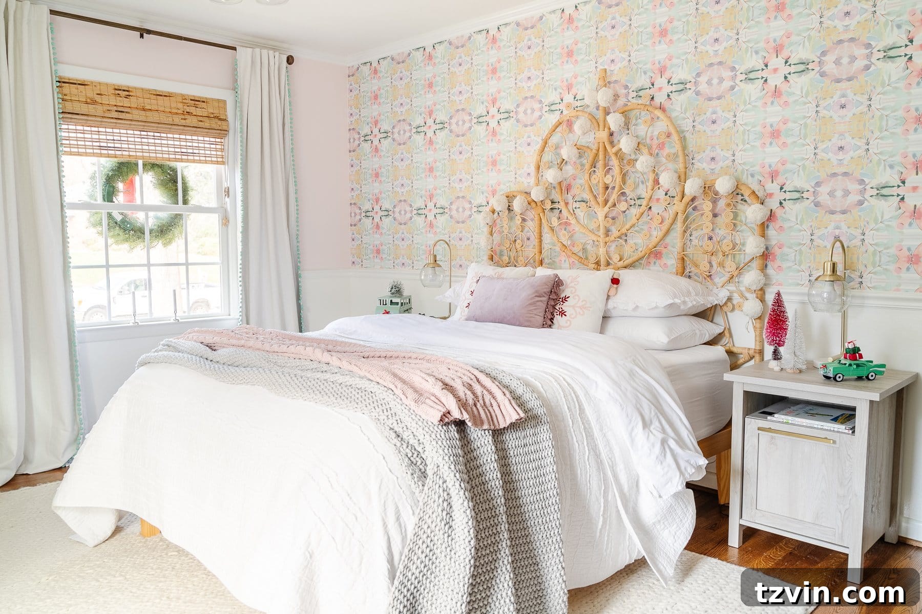 Whimsical little girl Christmas bedroom decor with white and pink bedding