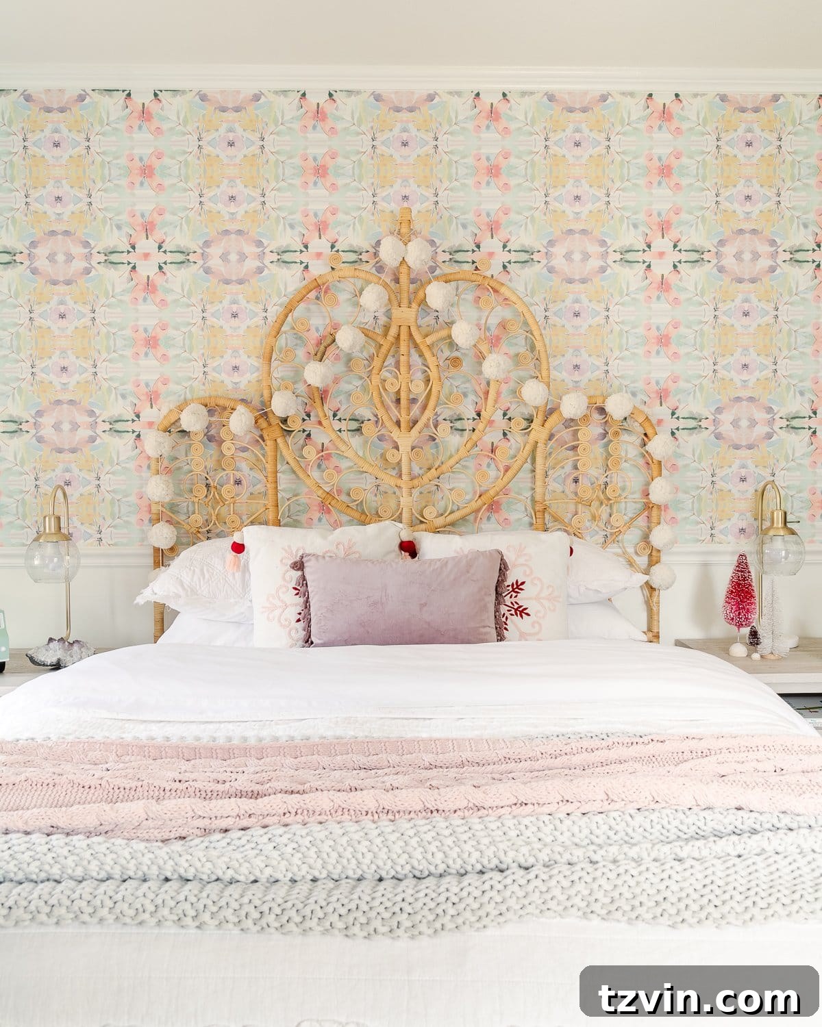 Christmas garland on a bedroom headboard