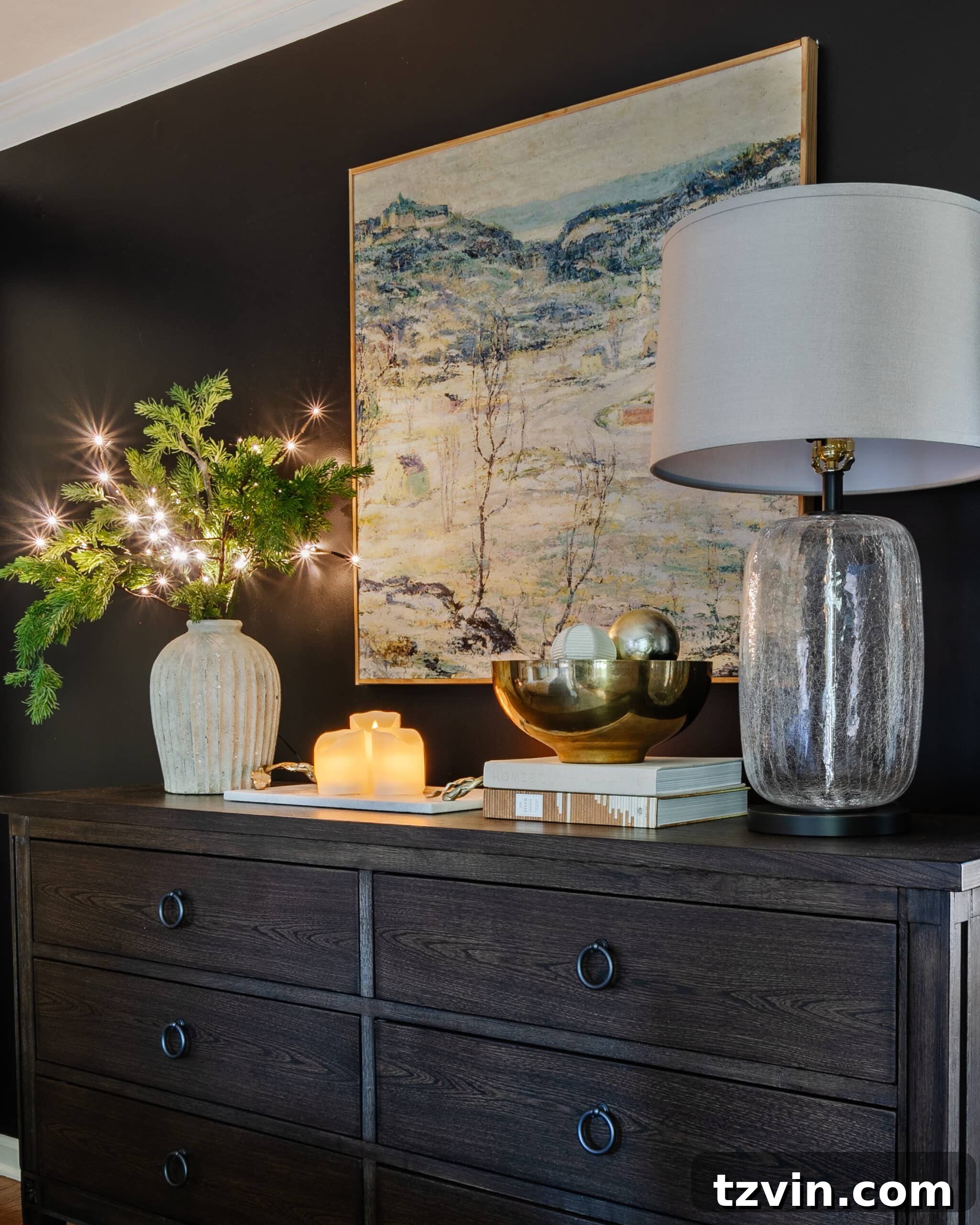 twinkle light branches on bedroom dresser