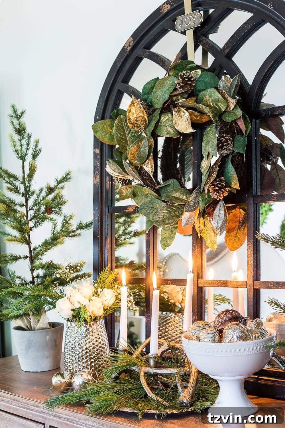 Christmas wreath on a mirror