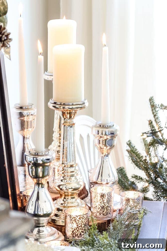 mercury glass candlesticks on a dresser
