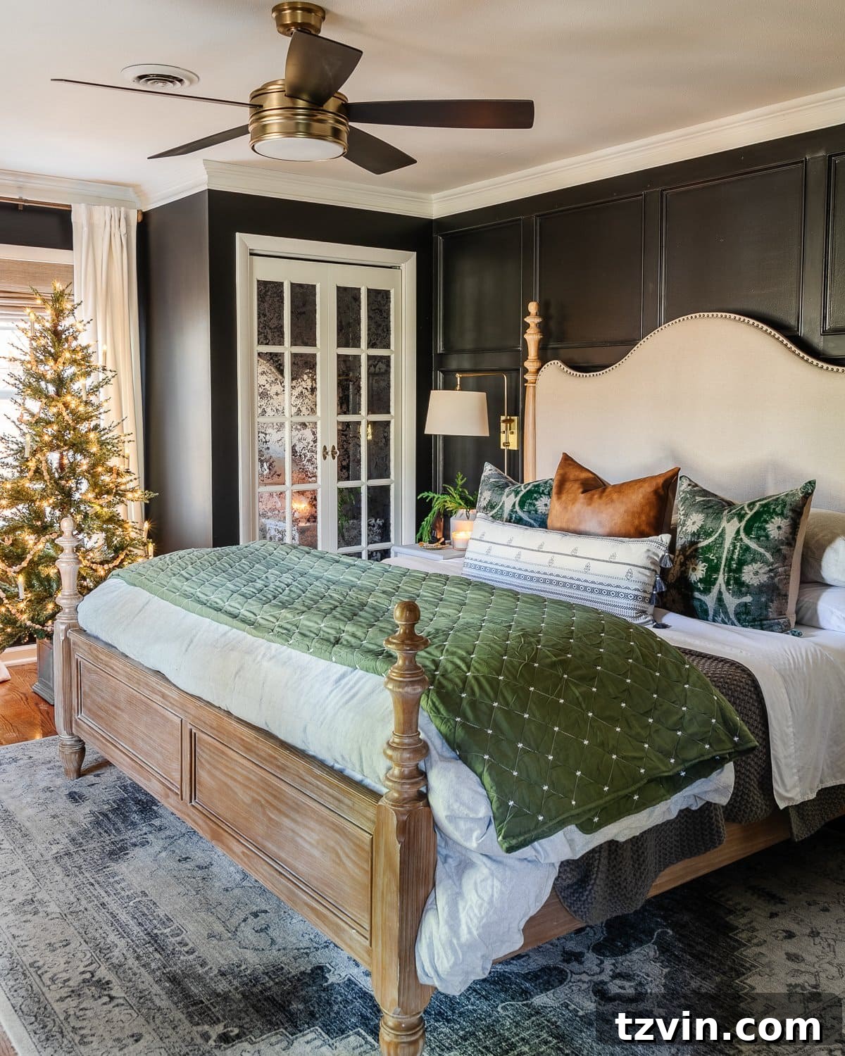 Simple green Christmas decor in a primary bedroom