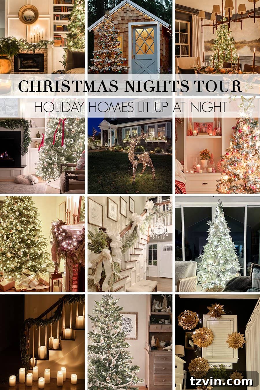 Holiday Glow Home Showcase 2 A collage of festive homes adorned with Christmas lights and decorations at night, setting the scene for a magical candlelight tour.
