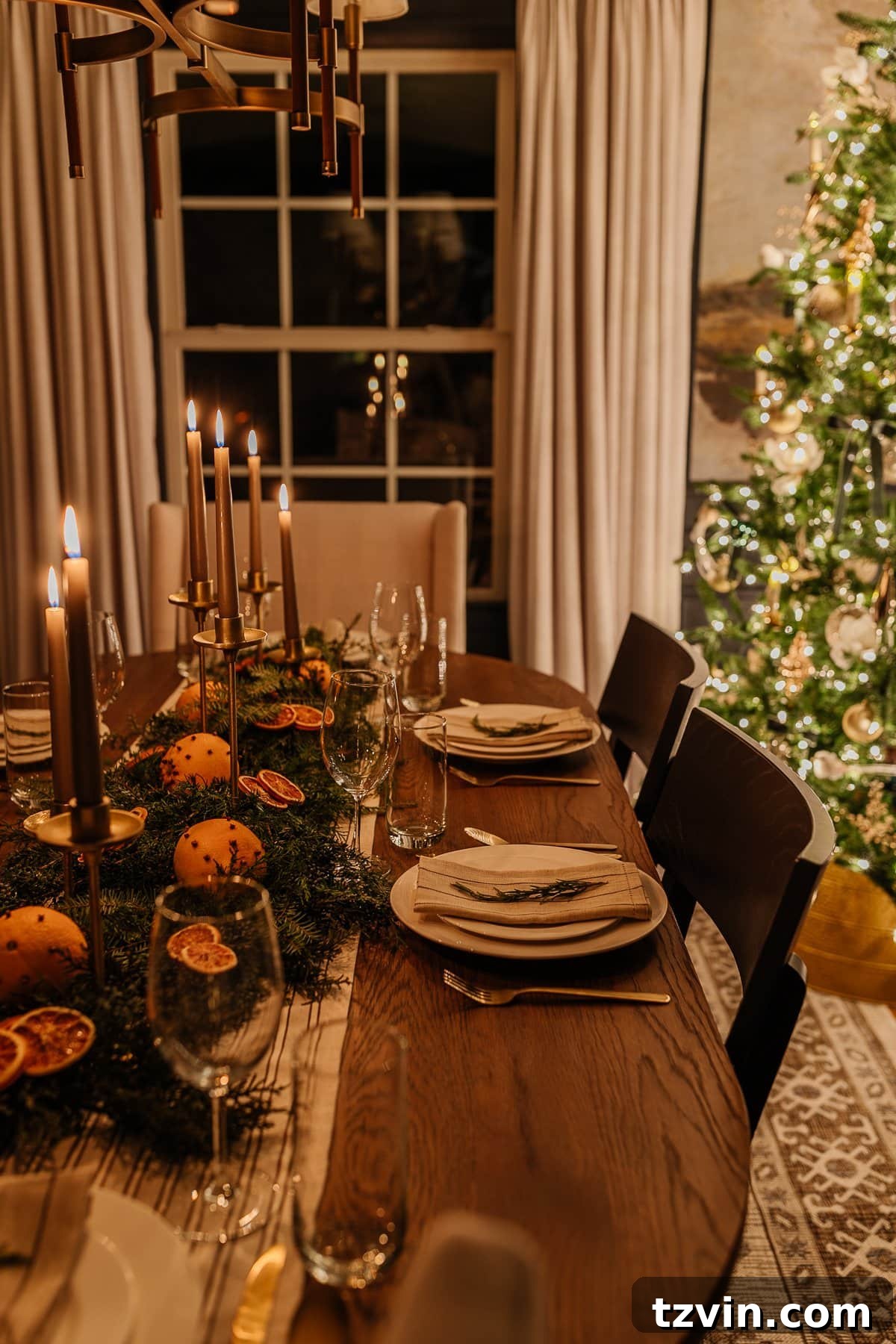 Holiday Glow Home Showcase 12 Elegant Christmas table setting in the dining room at night, with candles casting a soft, romantic light over the festive decor.