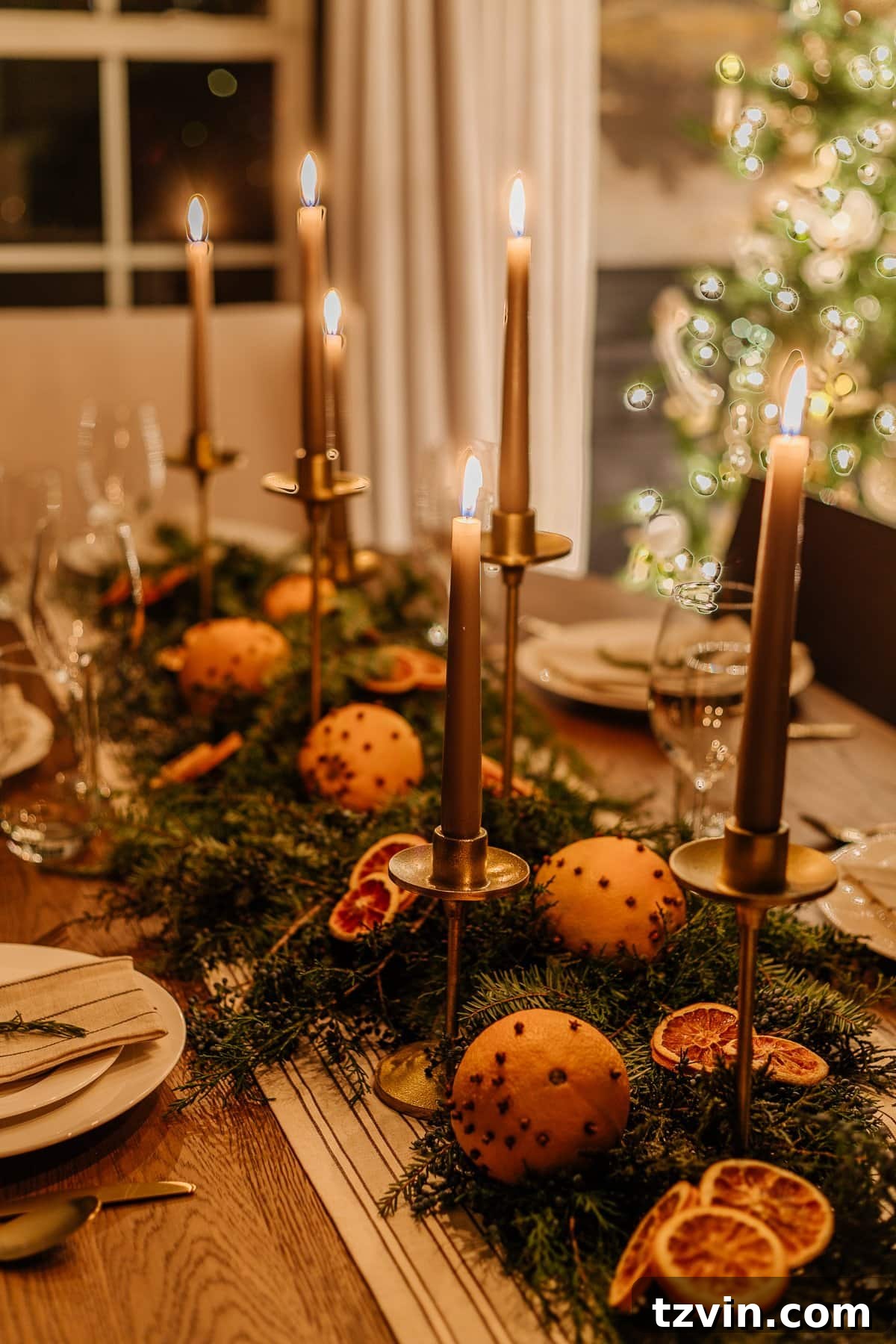Holiday Glow Home Showcase 13 Another perspective of the beautifully decorated Christmas dining room table at night, ready for holiday celebrations.