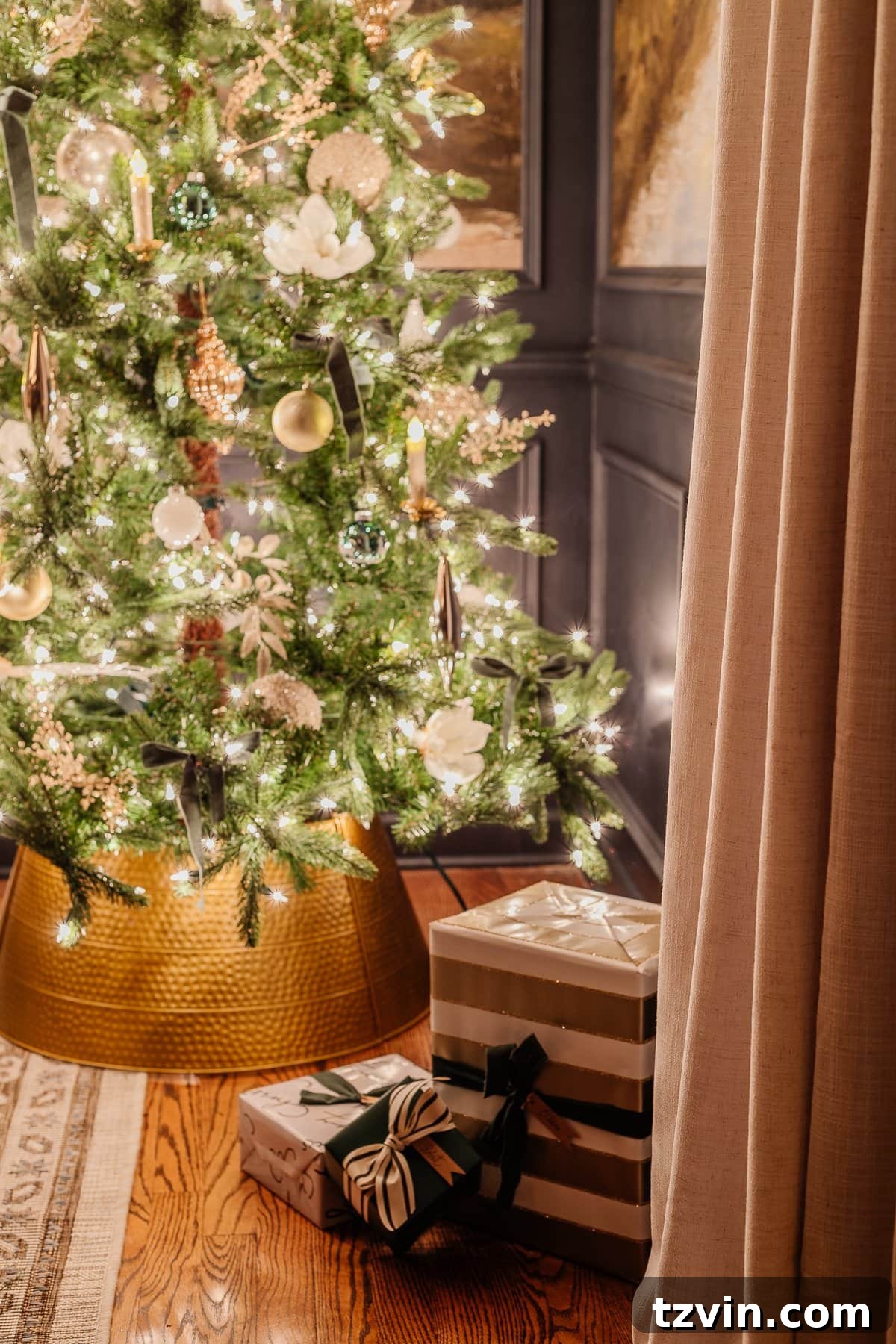 Holiday Glow Home Showcase 15 A majestic Christmas tree in the dining room, shimmering with lights and decorations at night, creating a magical glow.