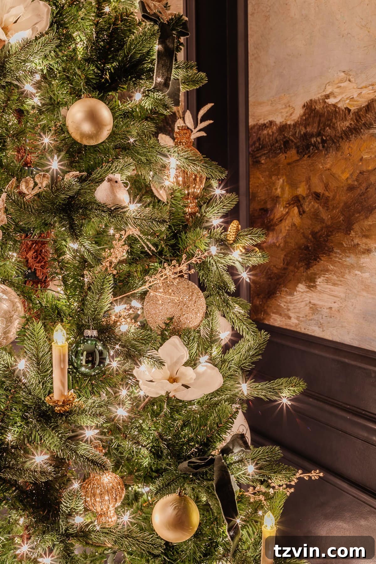 Holiday Glow Home Showcase 16 Another enchanting view of the Christmas tree in the dining room, showcasing its festive splendor under dim night lighting.