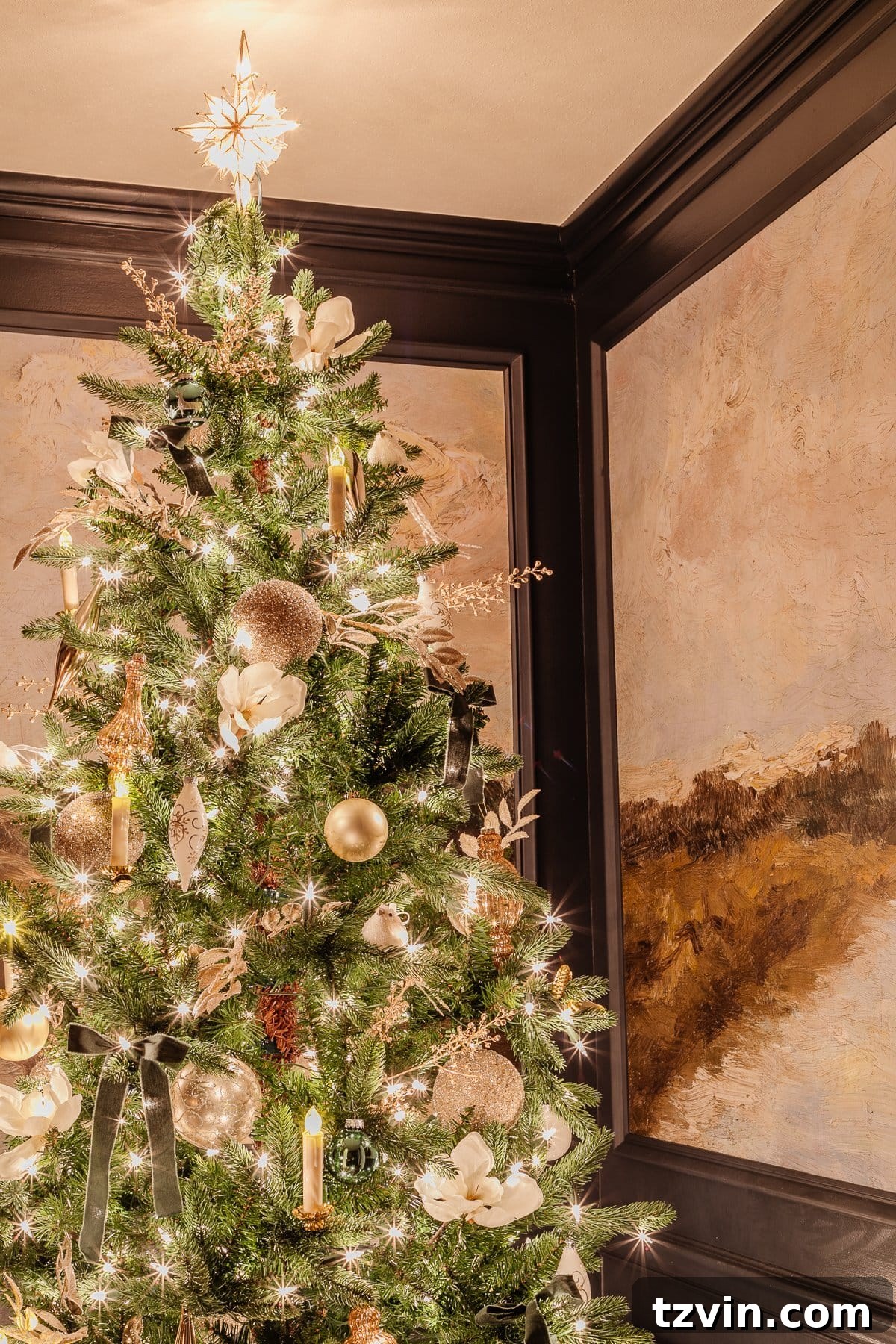Holiday Glow Home Showcase 17 A different angle of the stunning Christmas tree in the dining room, glowing softly at night and reflecting the holiday spirit.