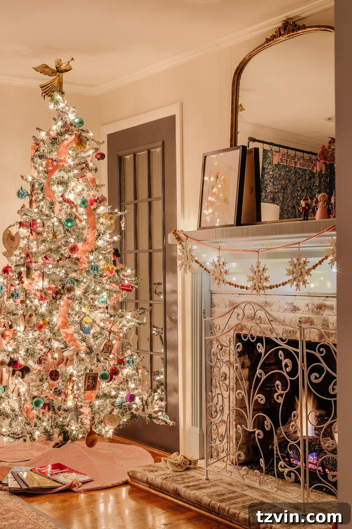 Holiday Glow Home Showcase 20 Wide shot of the Christmas playroom at night, showcasing the festive tree and mantel decorations, perfect for family fun.
