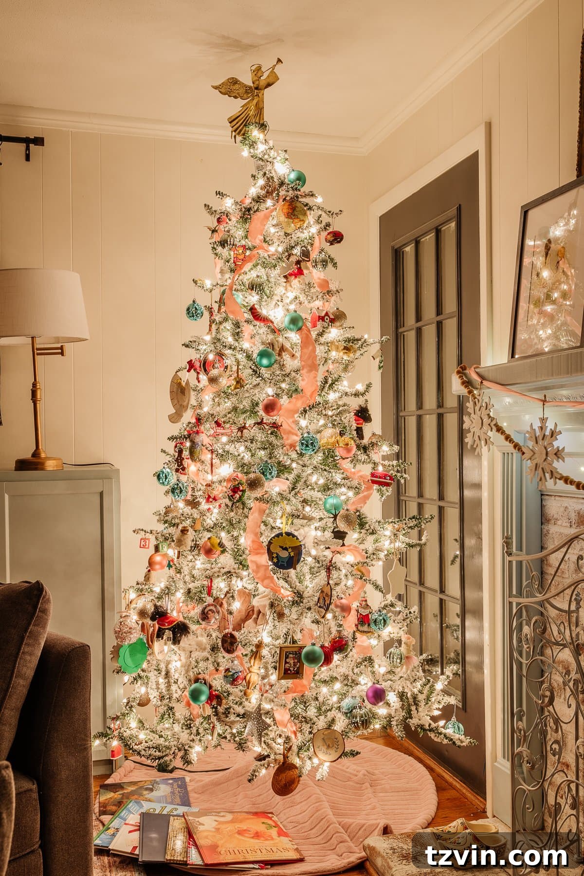 Holiday Glow Home Showcase 22 A festive Christmas tree standing tall in the playroom at night, radiating holiday cheer and soft illumination.