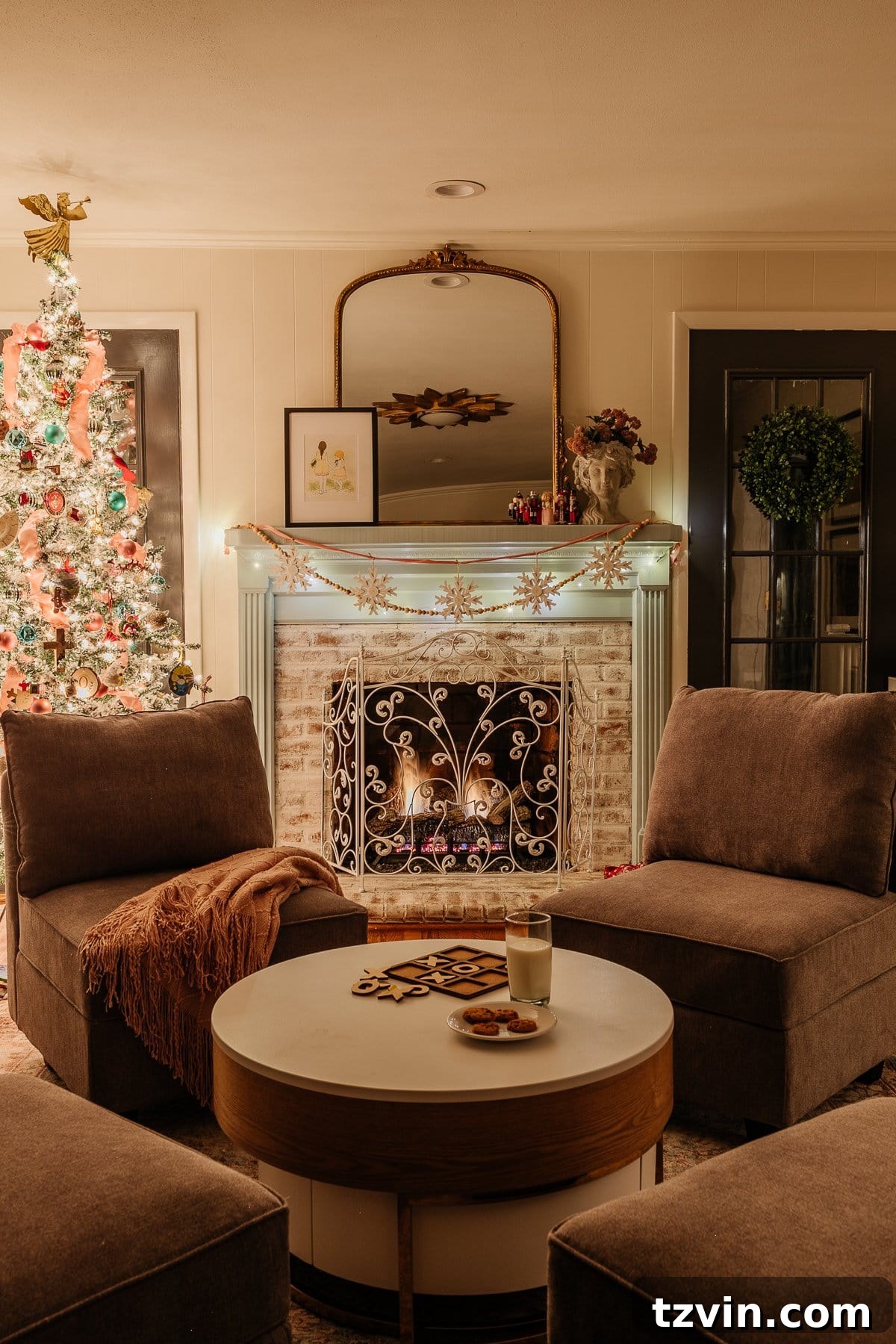 Holiday Glow Home Showcase 23 The enchanting combination of a Christmas fireplace and a festive tree in the playroom at night, creating a warm focal point.