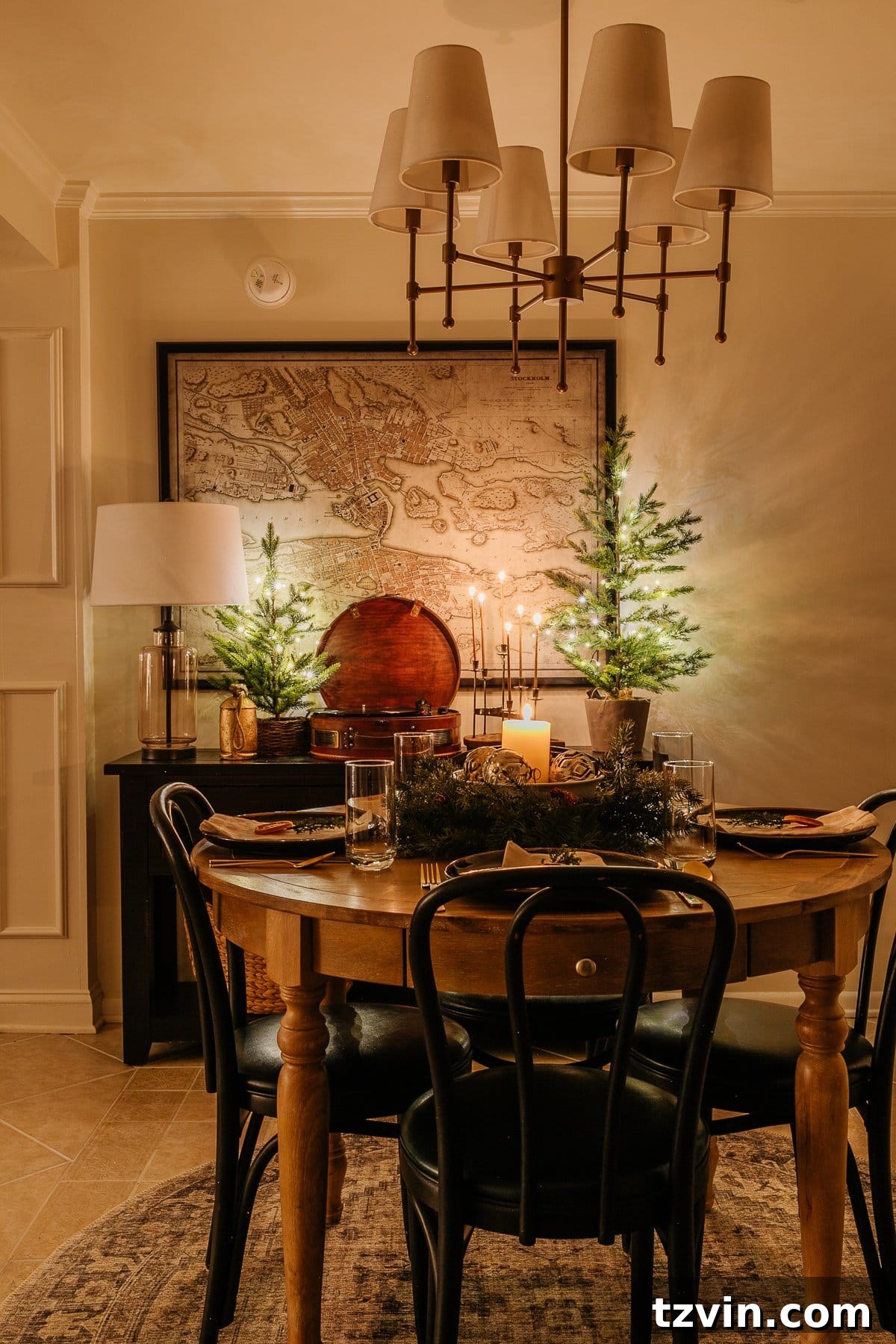 Holiday Glow Home Showcase 24 A charming Christmas breakfast nook, beautifully decorated and illuminated at night, perfect for cozy morning meals.